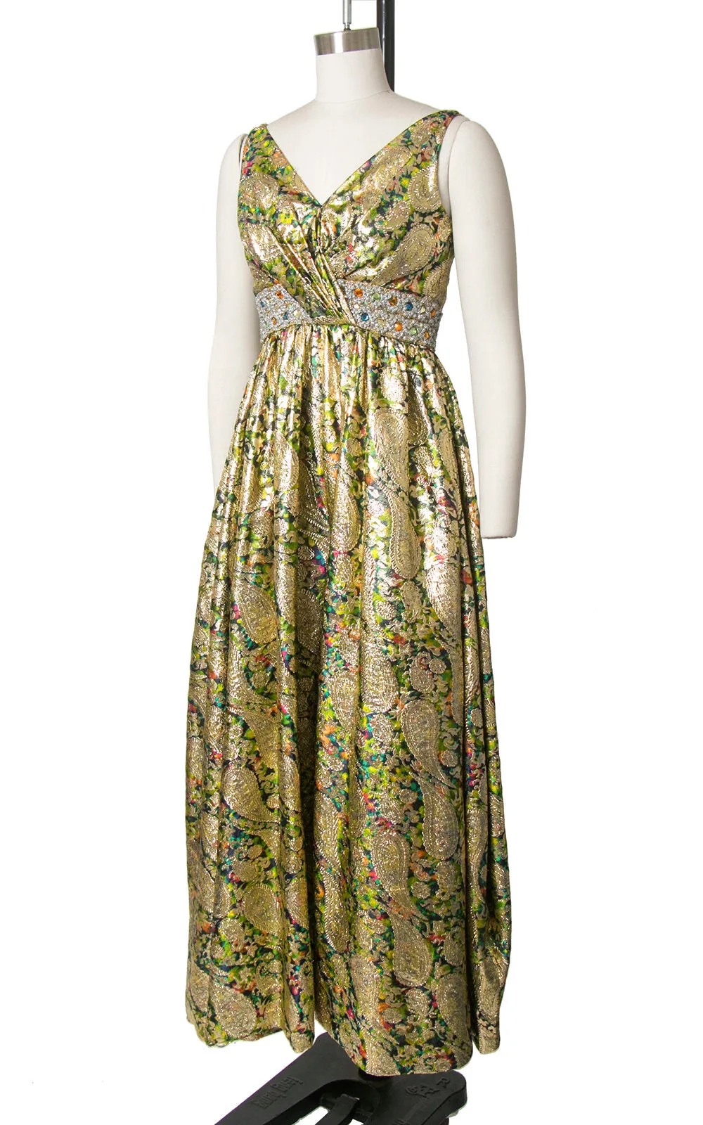 1960s Metallic Paisley Brocade Rhinestone Palazzo Jumpsuit | x-small