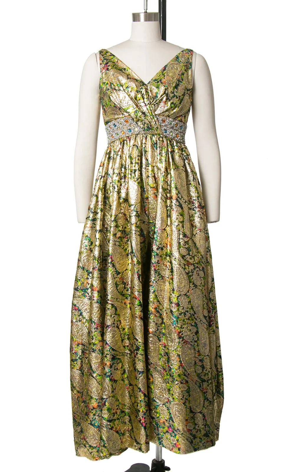 1960s Metallic Paisley Brocade Rhinestone Palazzo Jumpsuit | x-small