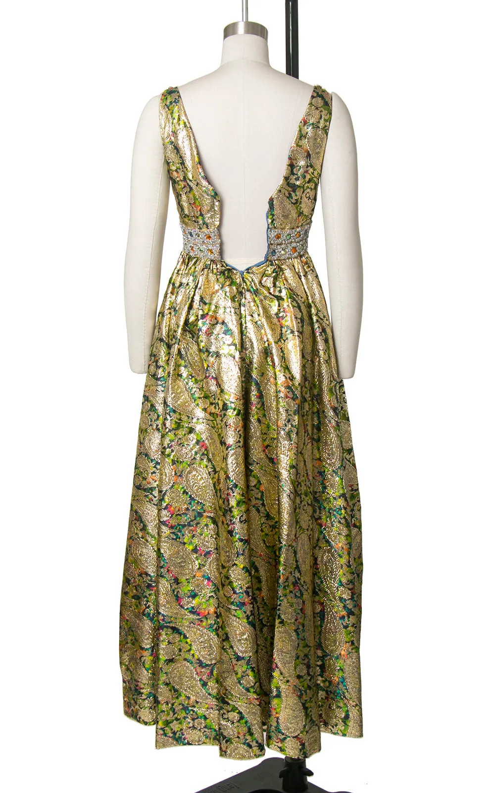 1960s Metallic Paisley Brocade Rhinestone Palazzo Jumpsuit | x-small