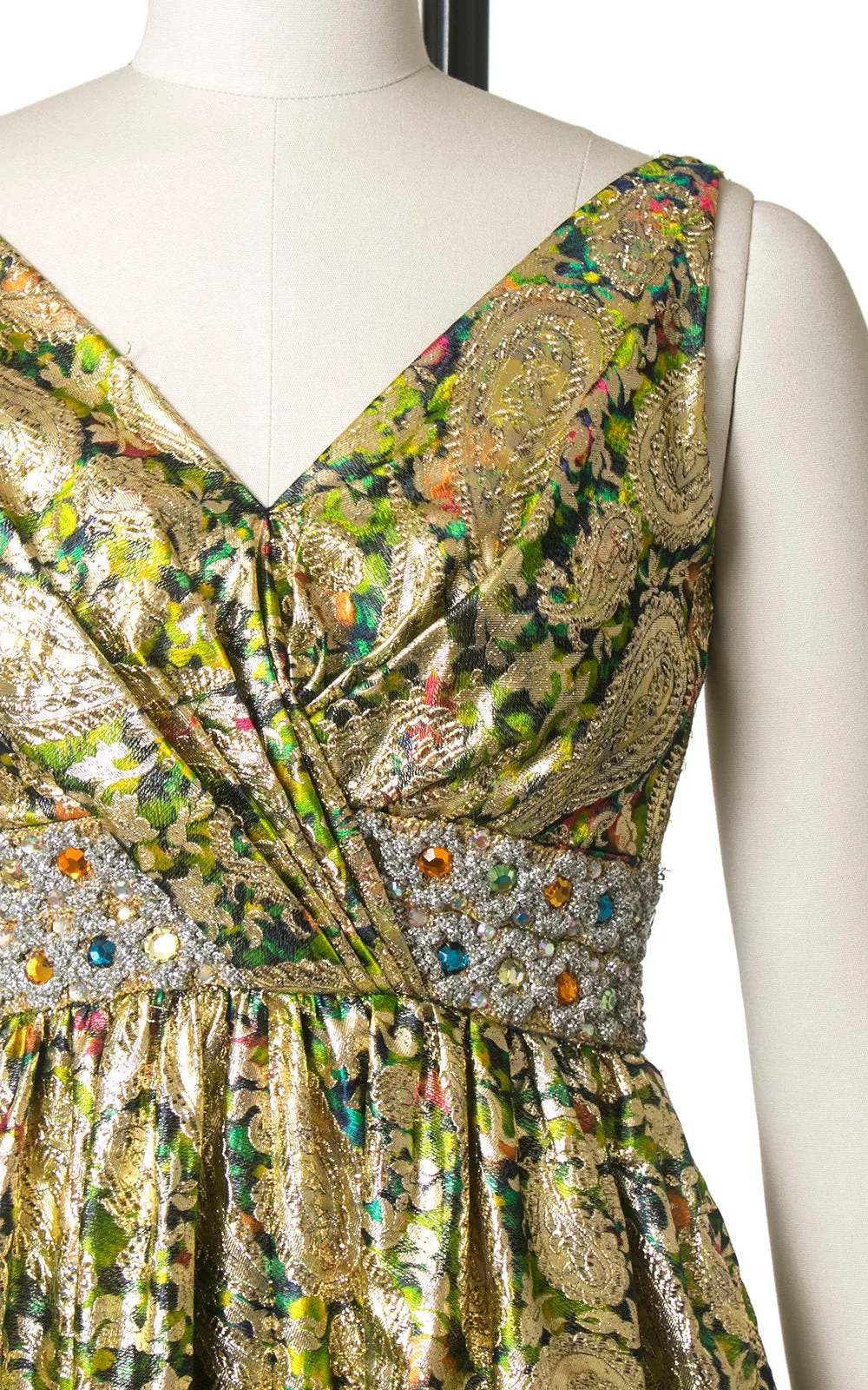 1960s Metallic Paisley Brocade Rhinestone Palazzo Jumpsuit | x-small