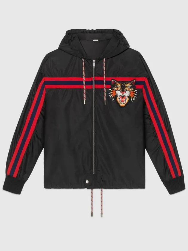Angry Cat Embroidered Windbreaker Black