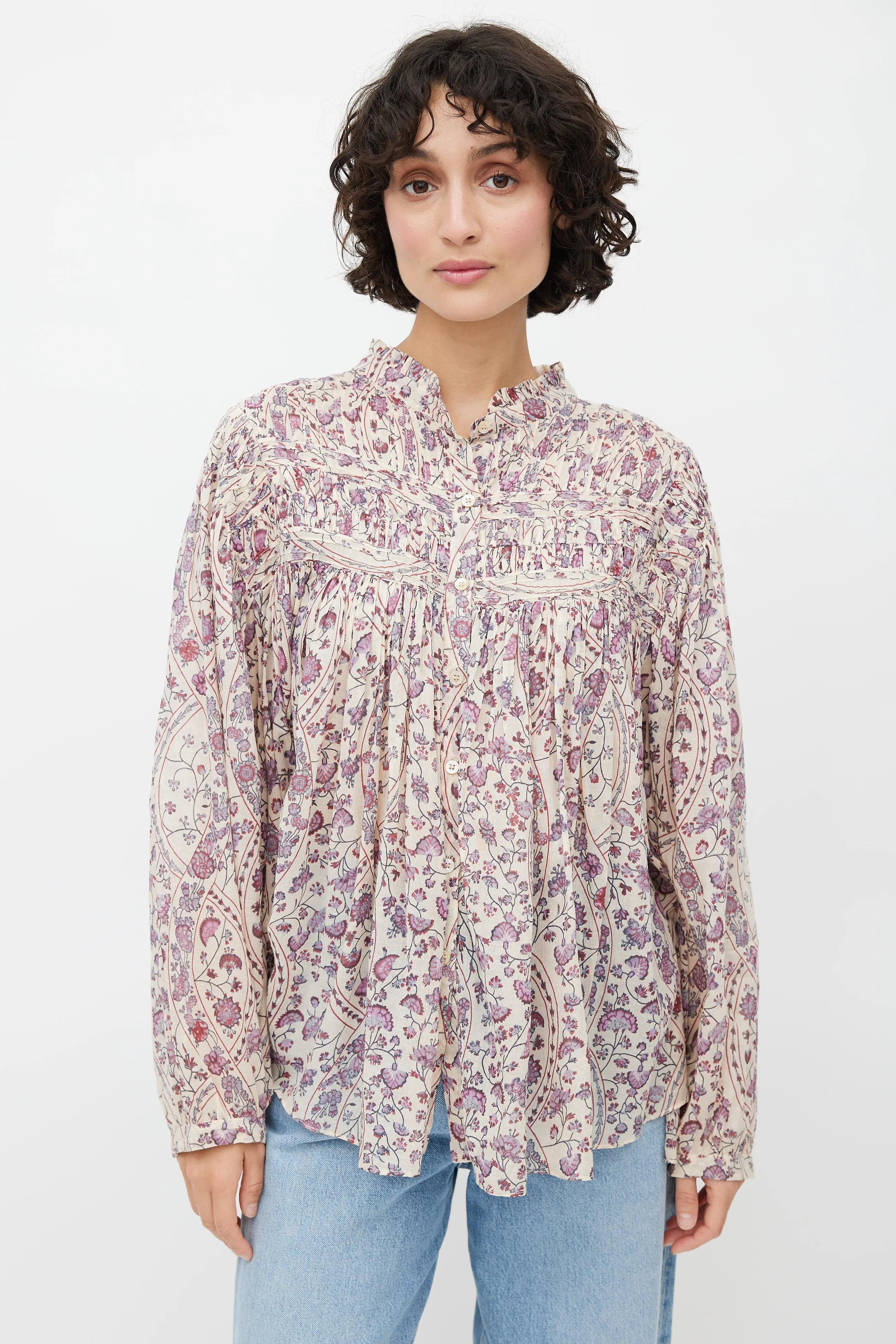 Beige & Multicolour Floral Pleated Top