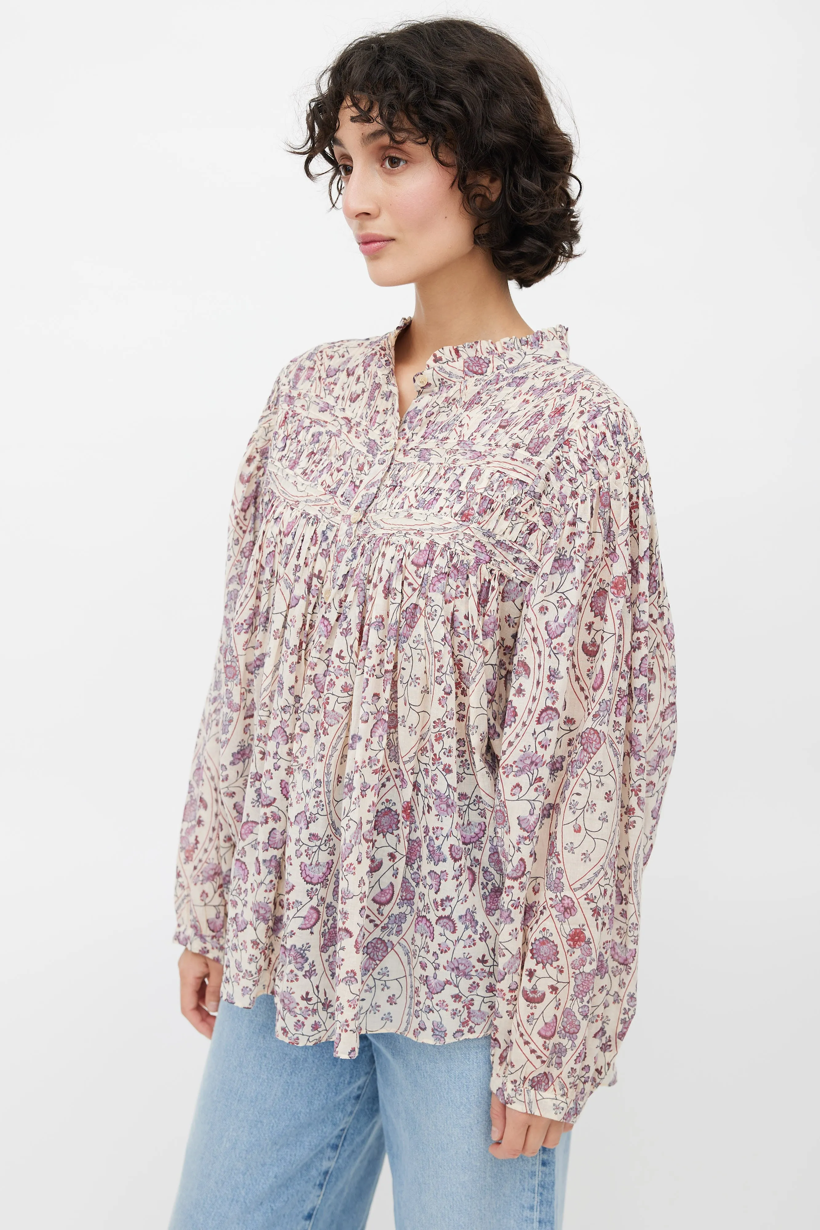 Beige & Multicolour Floral Pleated Top