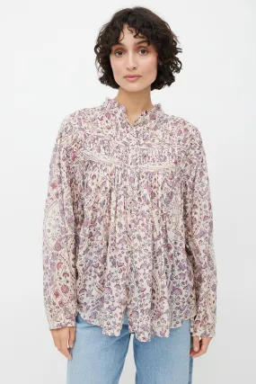 Beige & Multicolour Floral Pleated Top