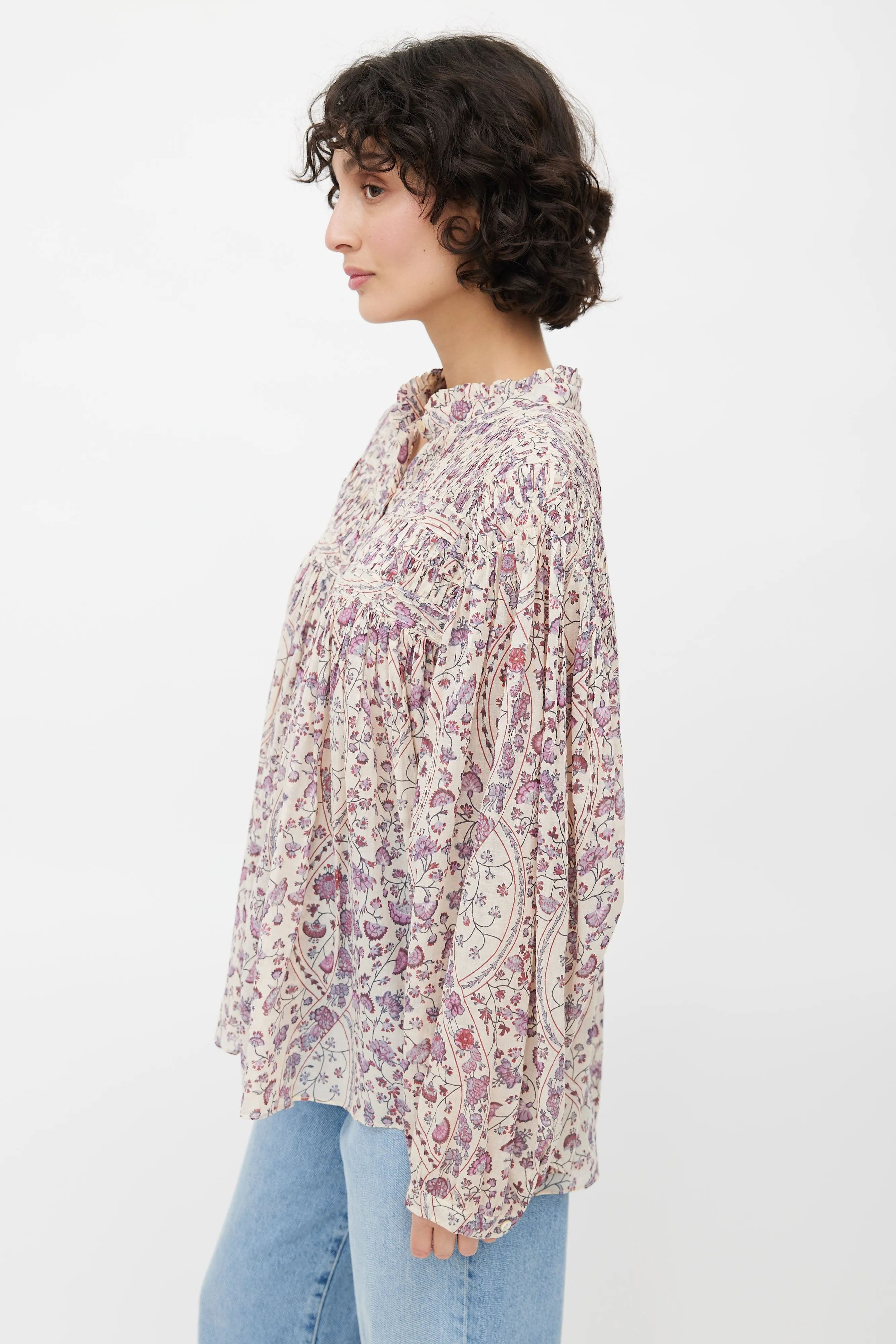 Beige & Multicolour Floral Pleated Top