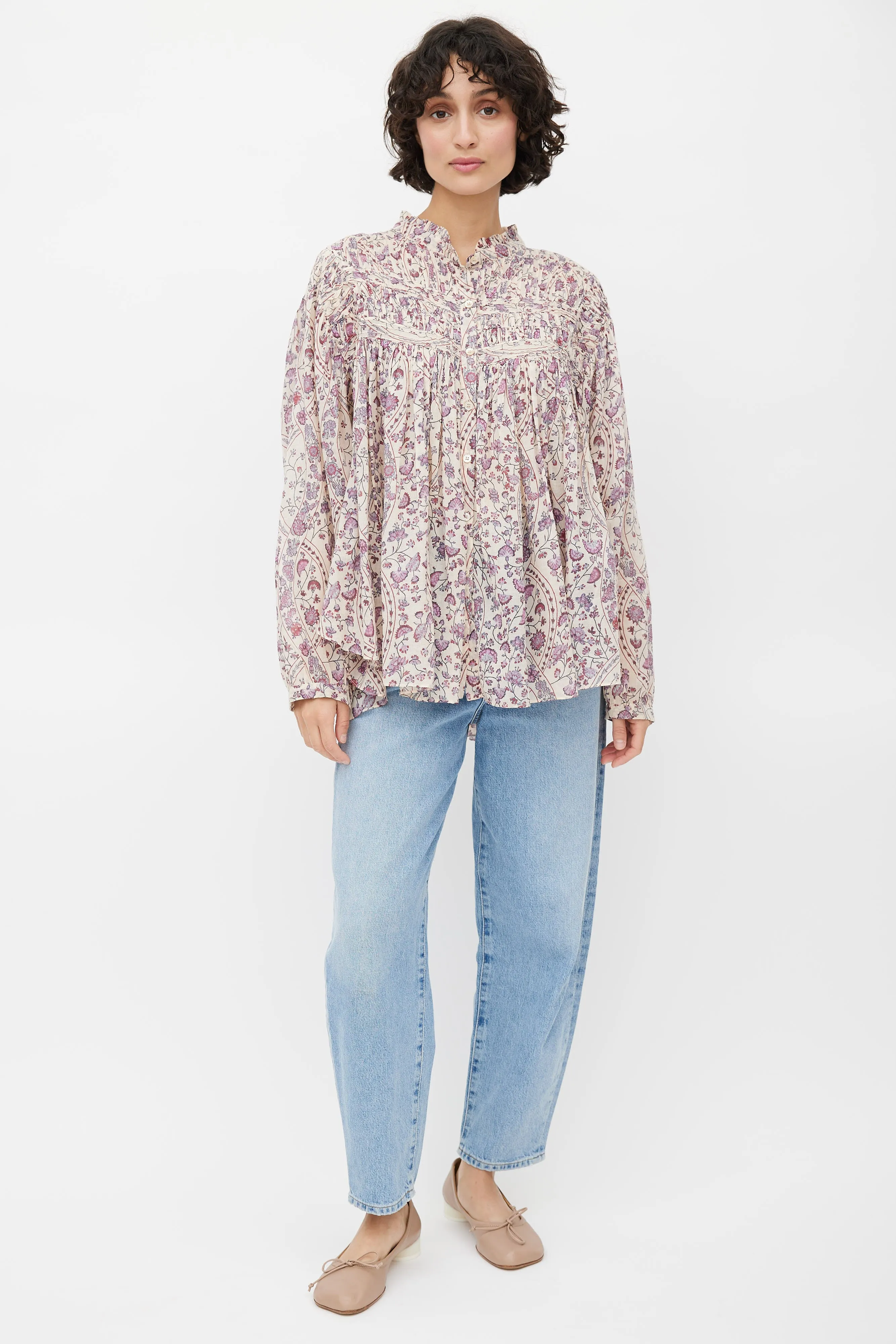 Beige & Multicolour Floral Pleated Top