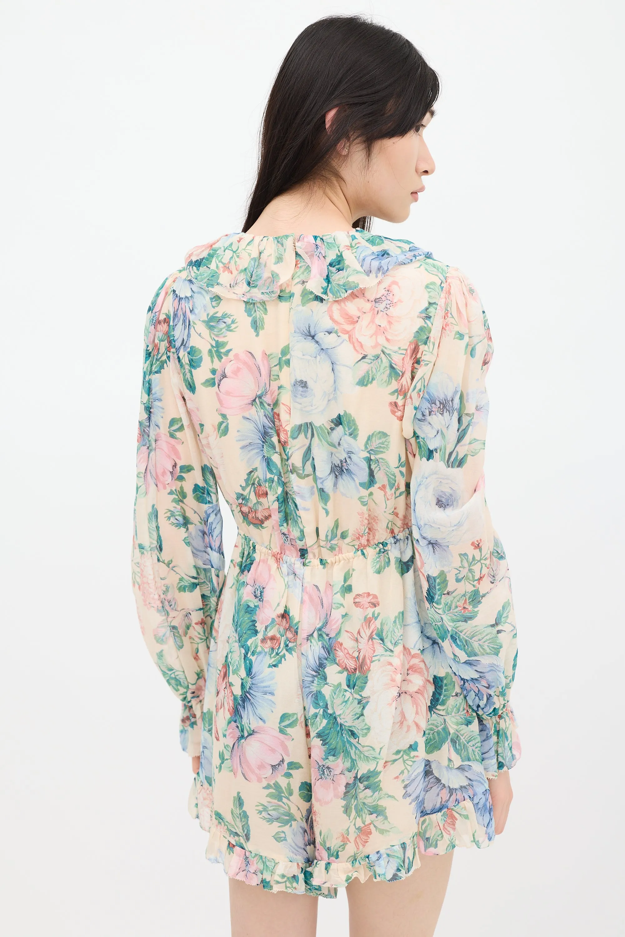 Beige & Multicolour Floral Ruffled Romper