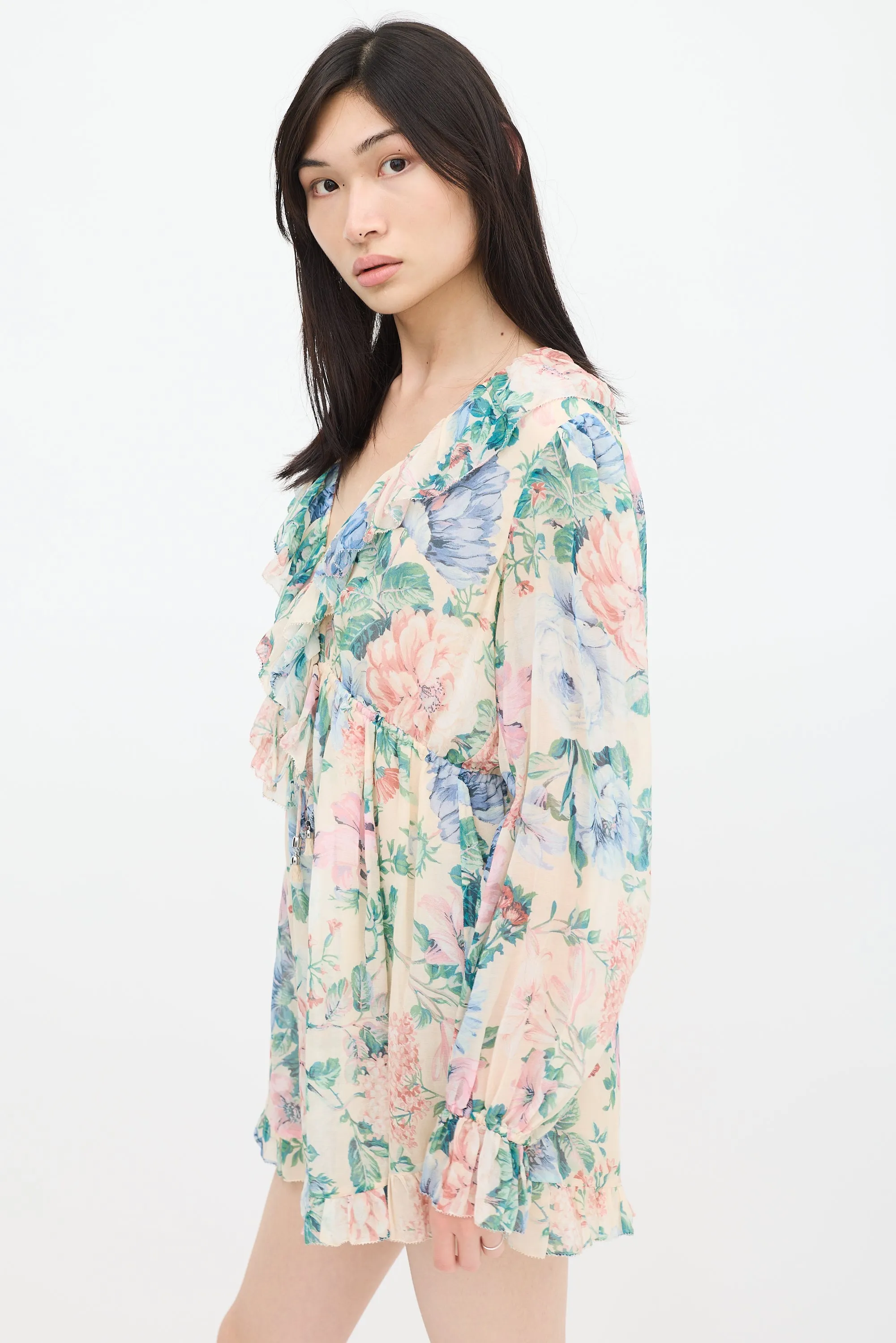 Beige & Multicolour Floral Ruffled Romper