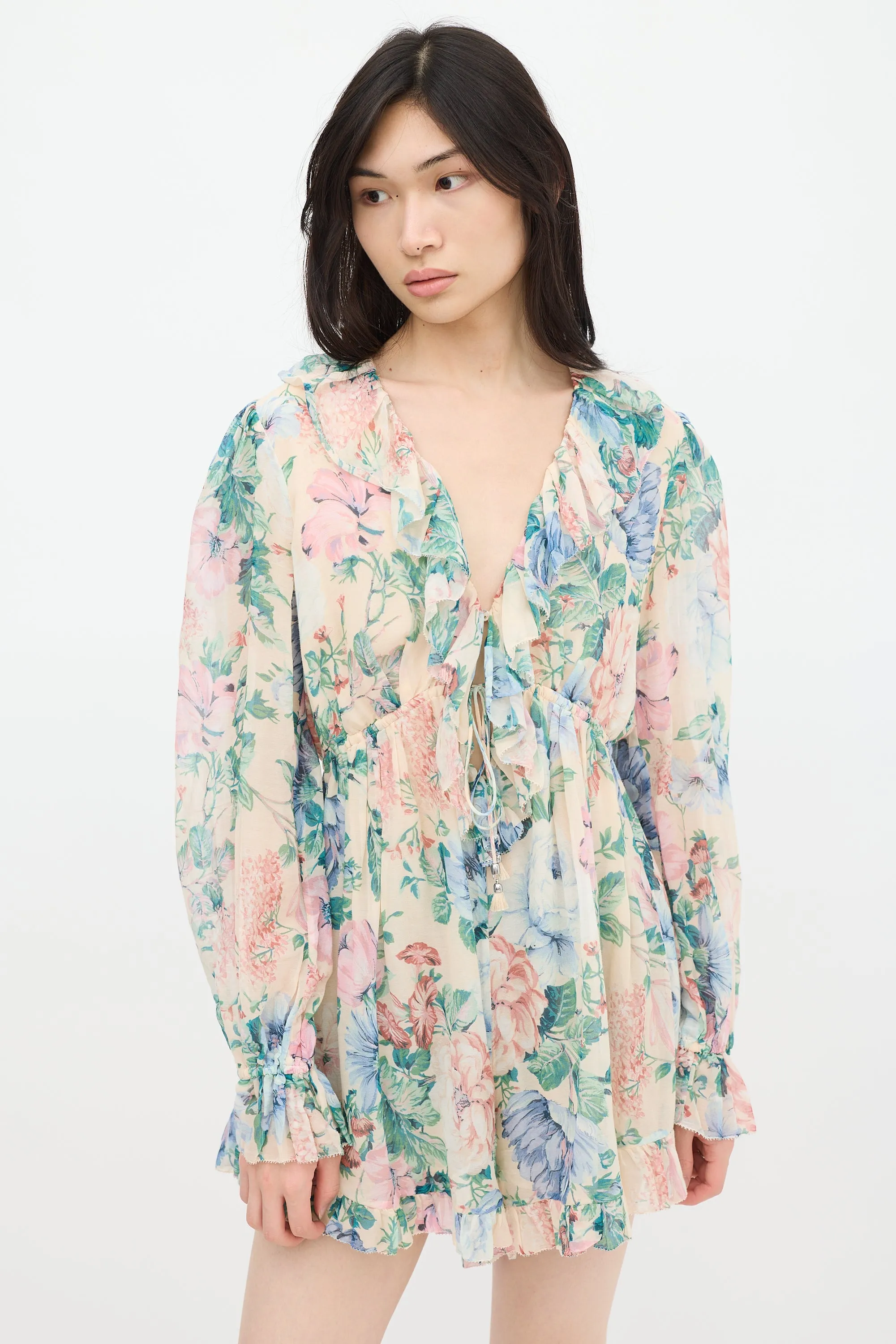 Beige & Multicolour Floral Ruffled Romper