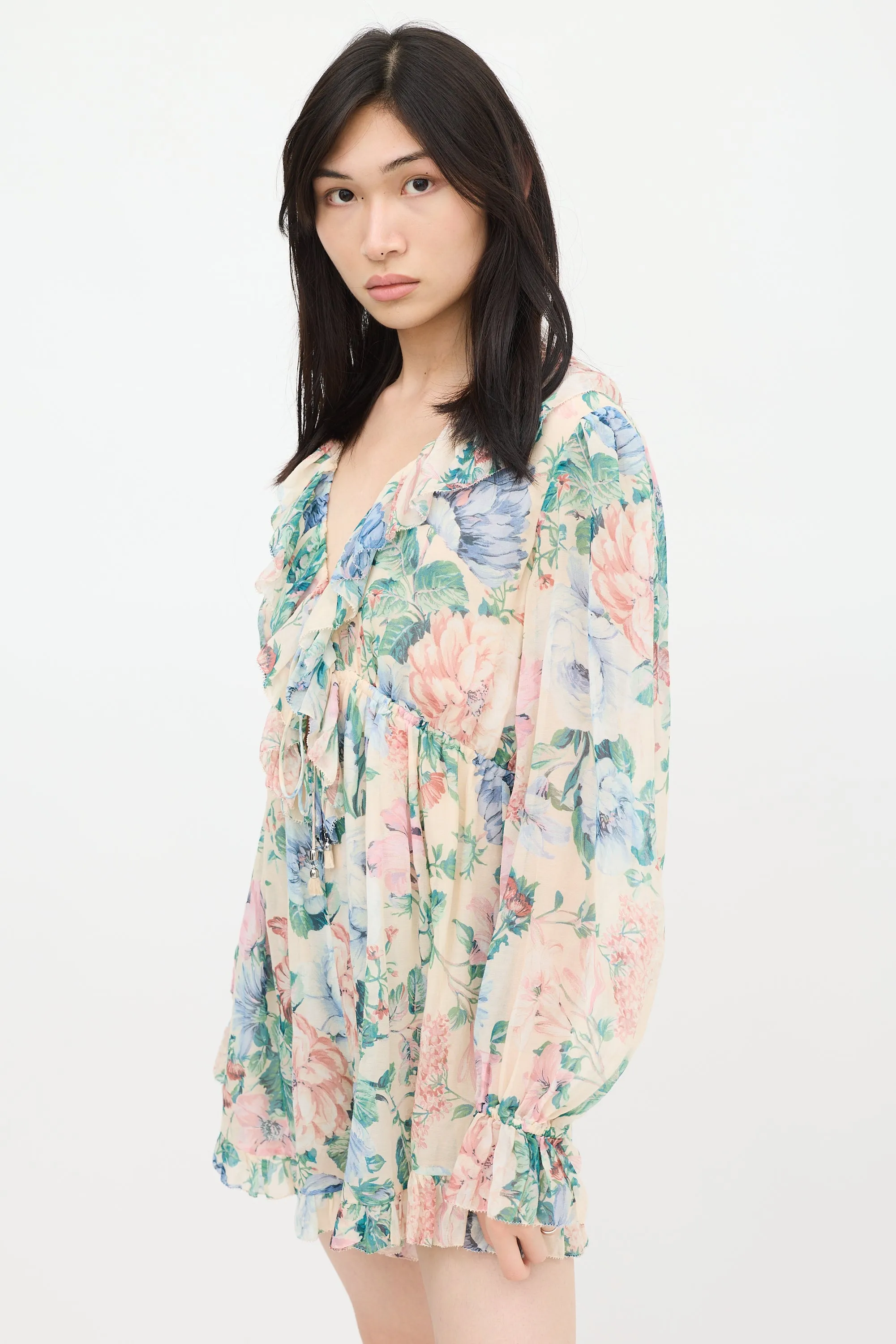 Beige & Multicolour Floral Ruffled Romper