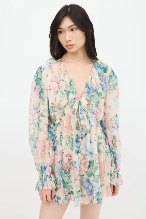 Beige & Multicolour Floral Ruffled Romper