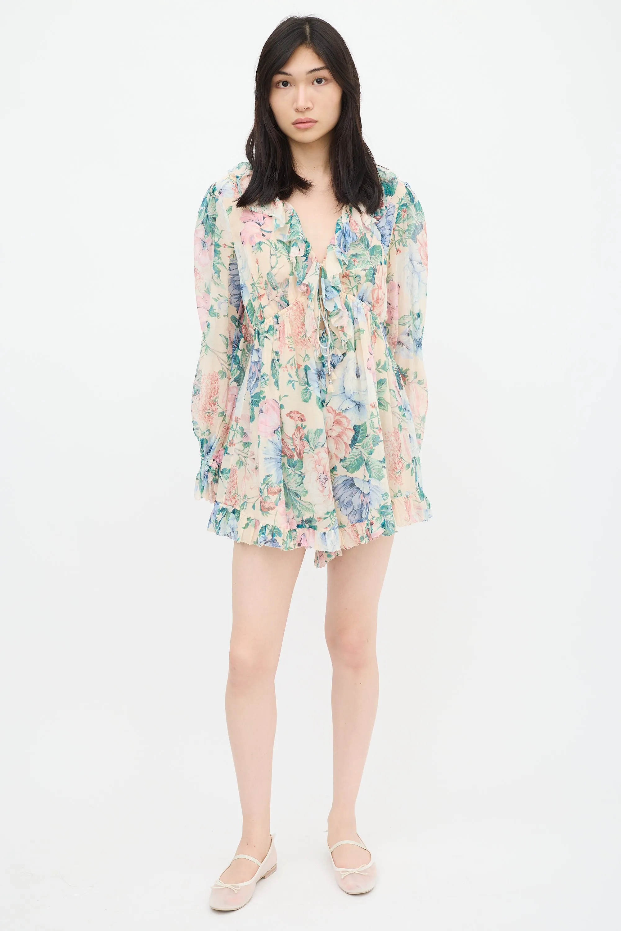 Beige & Multicolour Floral Ruffled Romper
