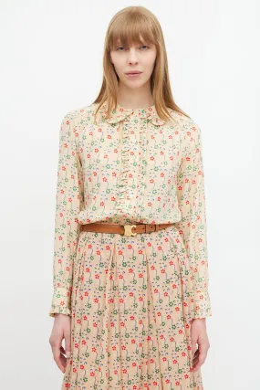 Beige & Multicolour Silk Floral Ruffled Shirt