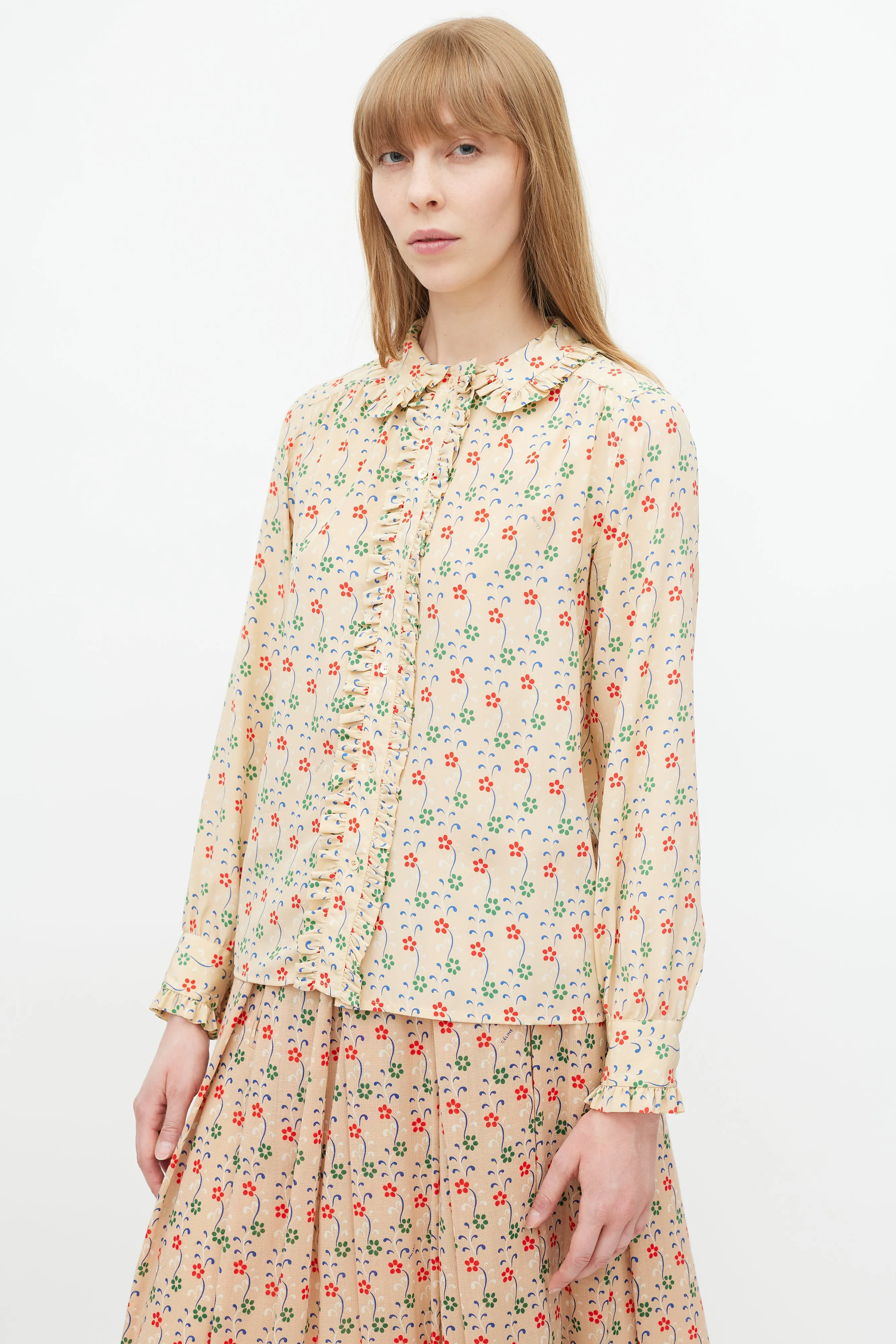 Beige & Multicolour Silk Floral Ruffled Shirt