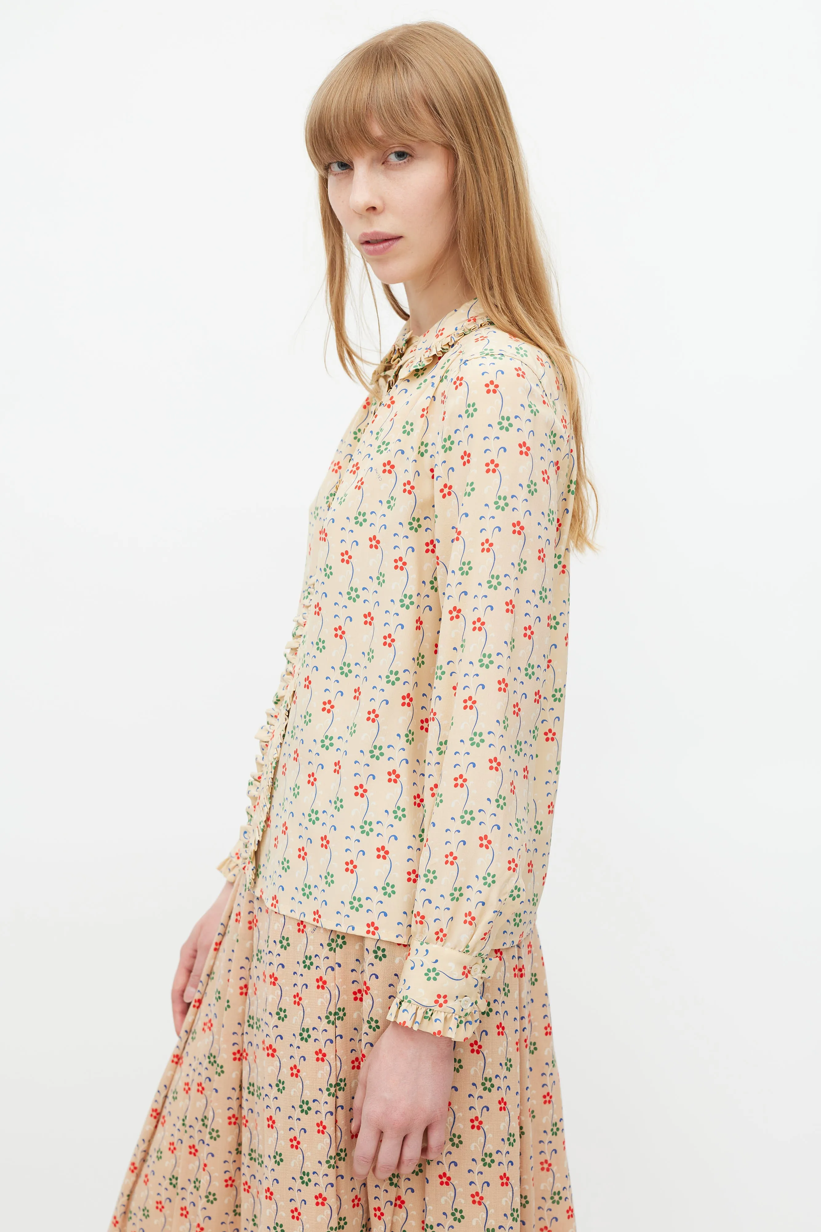 Beige & Multicolour Silk Floral Ruffled Shirt
