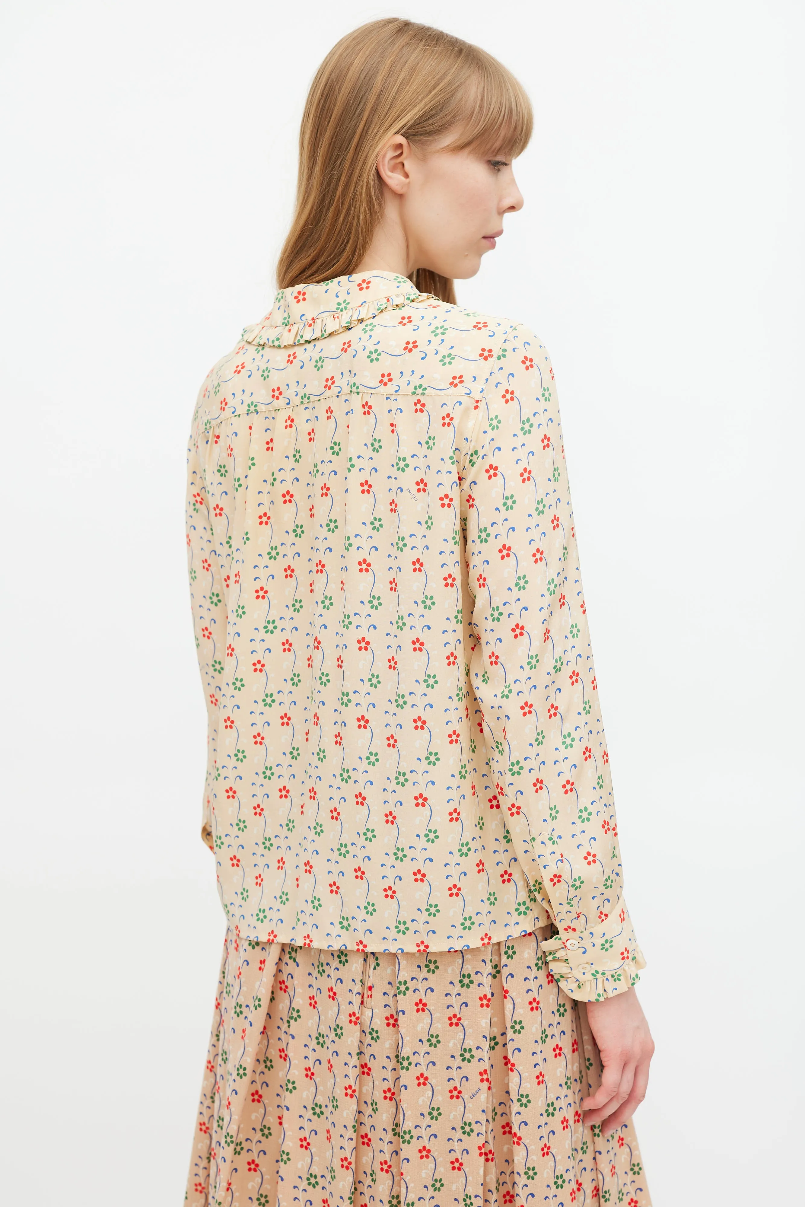 Beige & Multicolour Silk Floral Ruffled Shirt