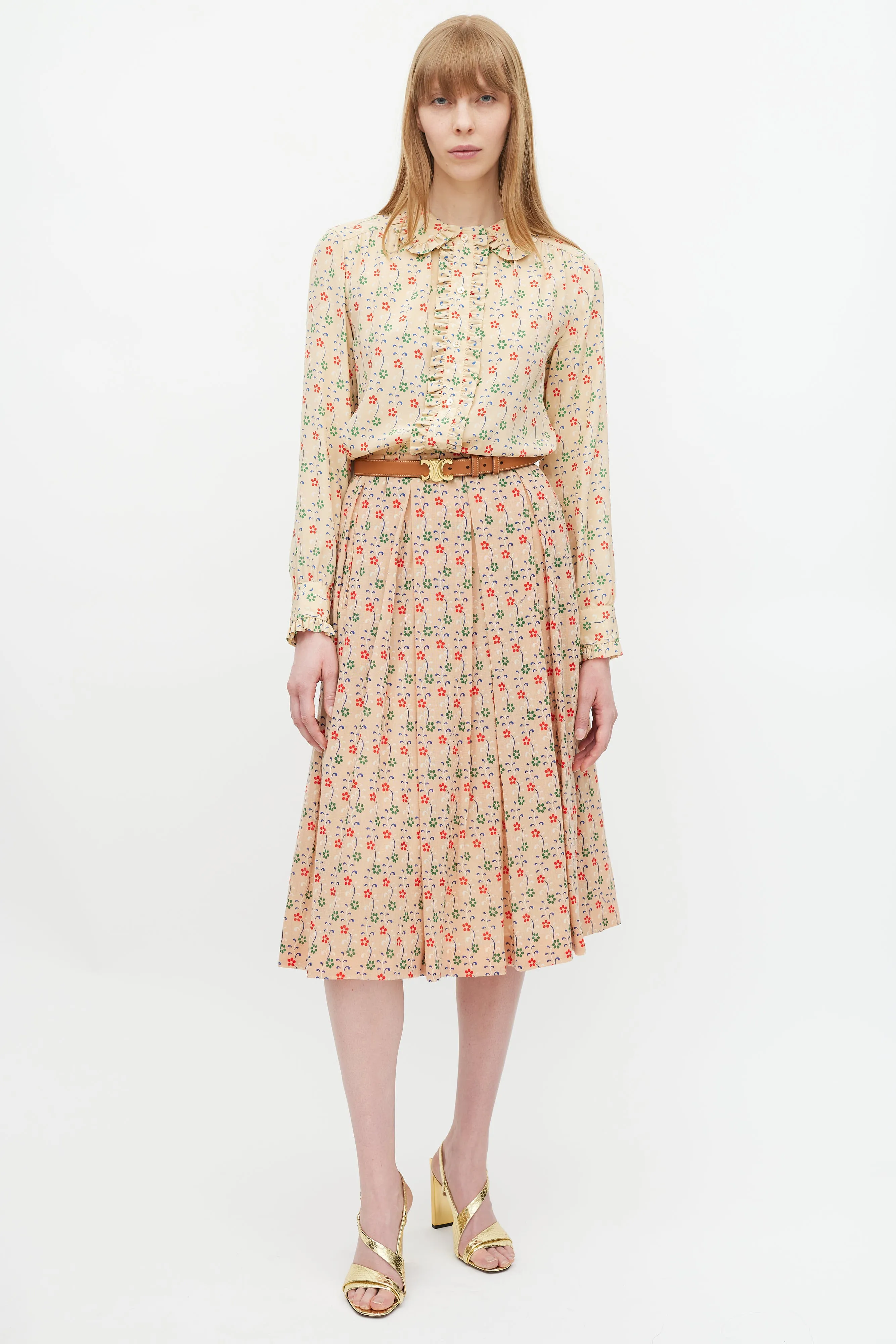 Beige & Multicolour Silk Floral Ruffled Shirt