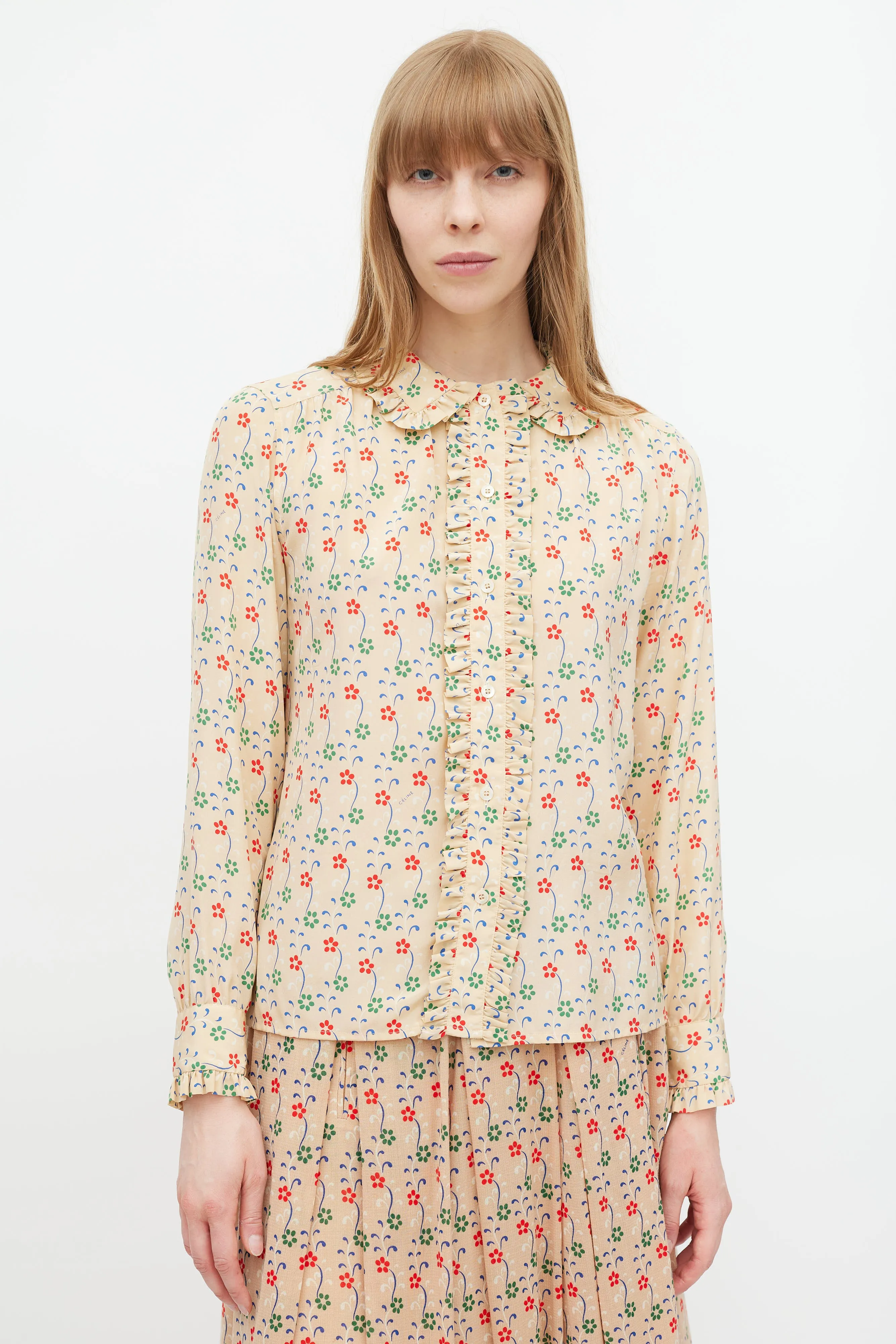 Beige & Multicolour Silk Floral Ruffled Shirt
