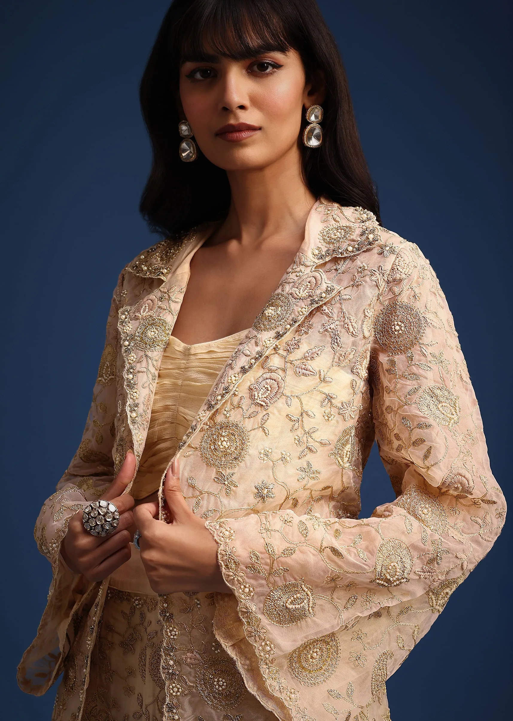 Beige Organza Zari Crop Top With Jacket And Palazzos