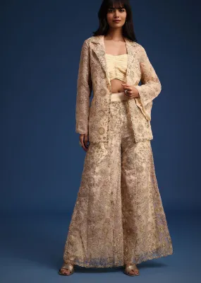 Beige Organza Zari Crop Top With Jacket And Palazzos