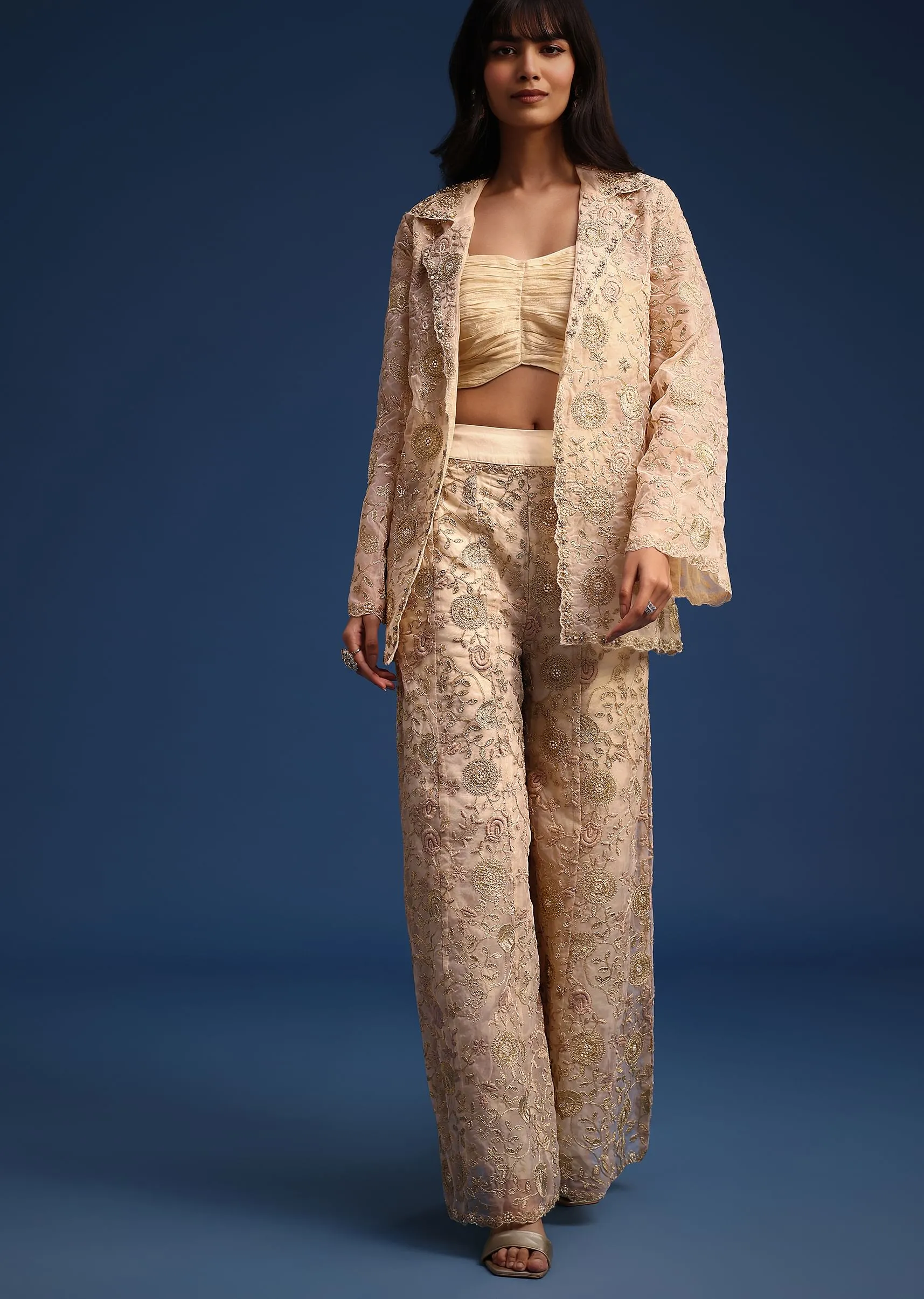 Beige Organza Zari Crop Top With Jacket And Palazzos