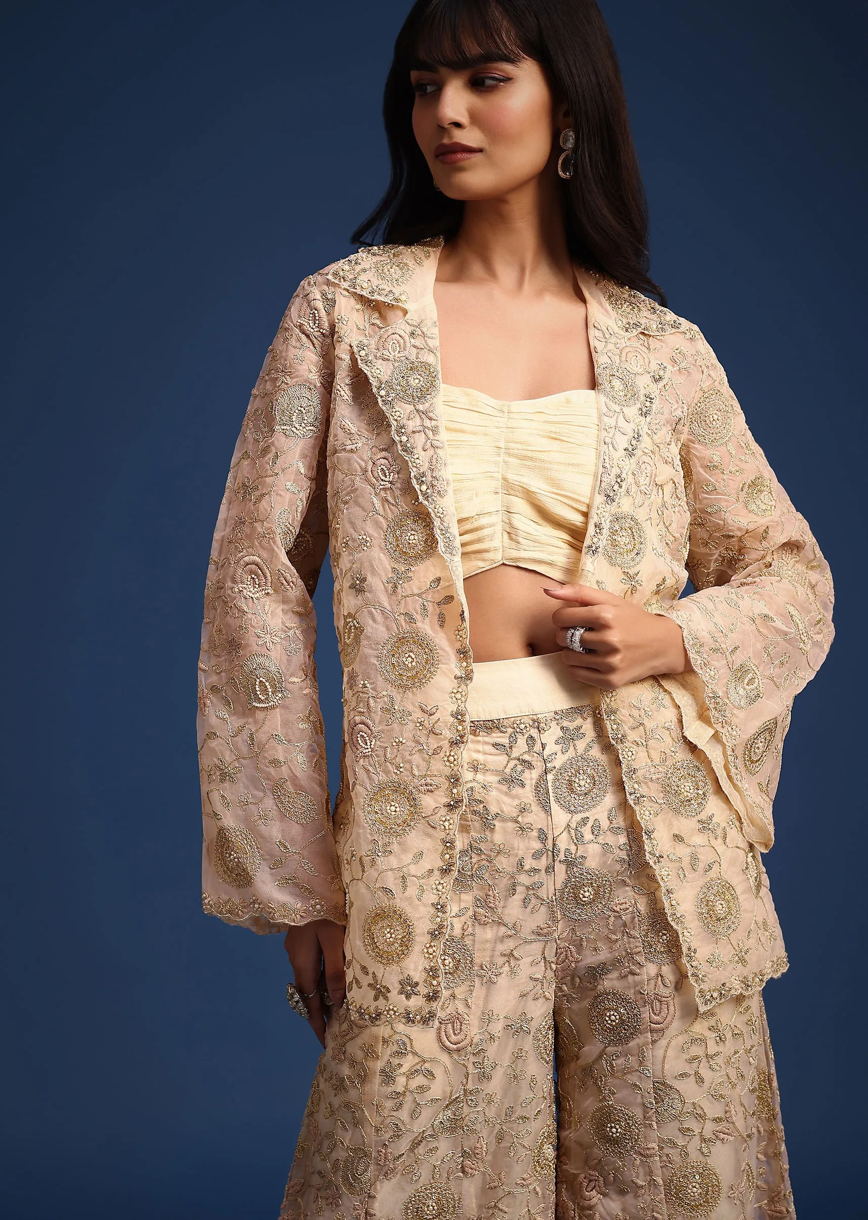 Beige Organza Zari Crop Top With Jacket And Palazzos