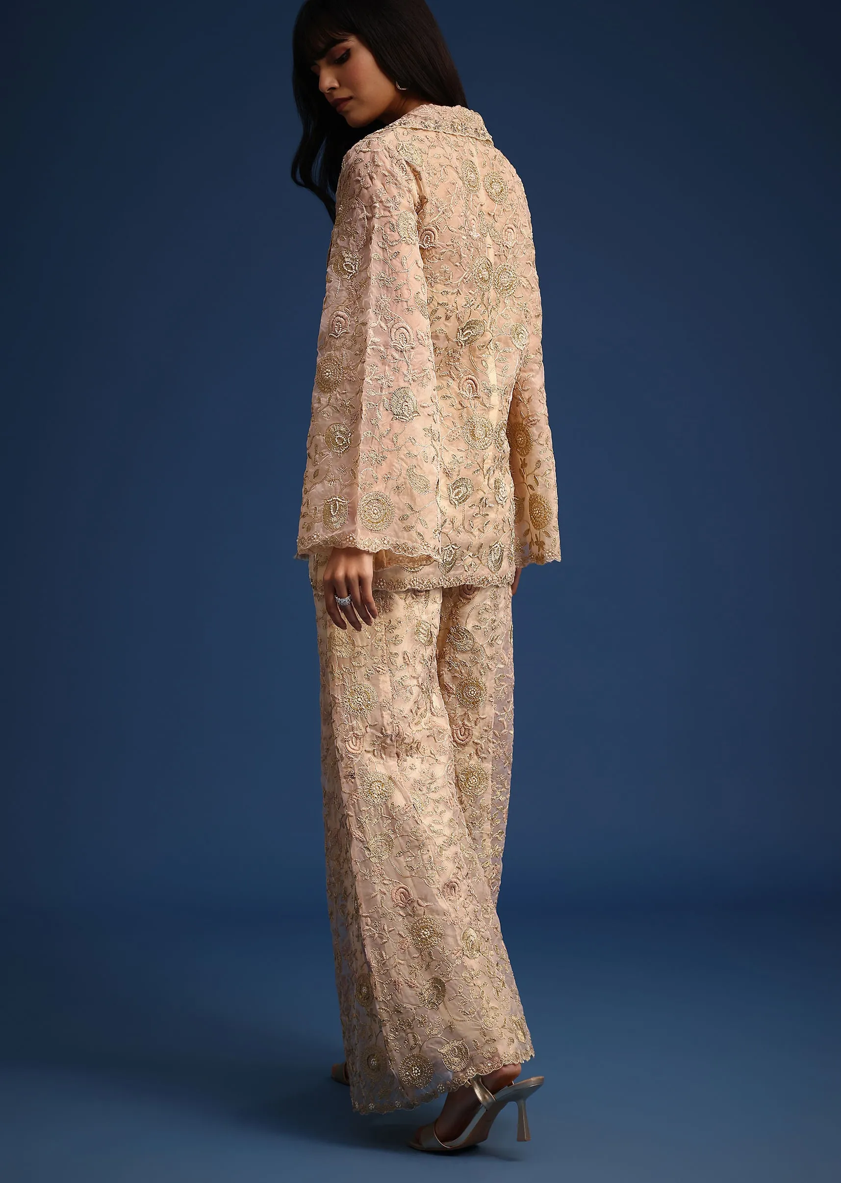 Beige Organza Zari Crop Top With Jacket And Palazzos