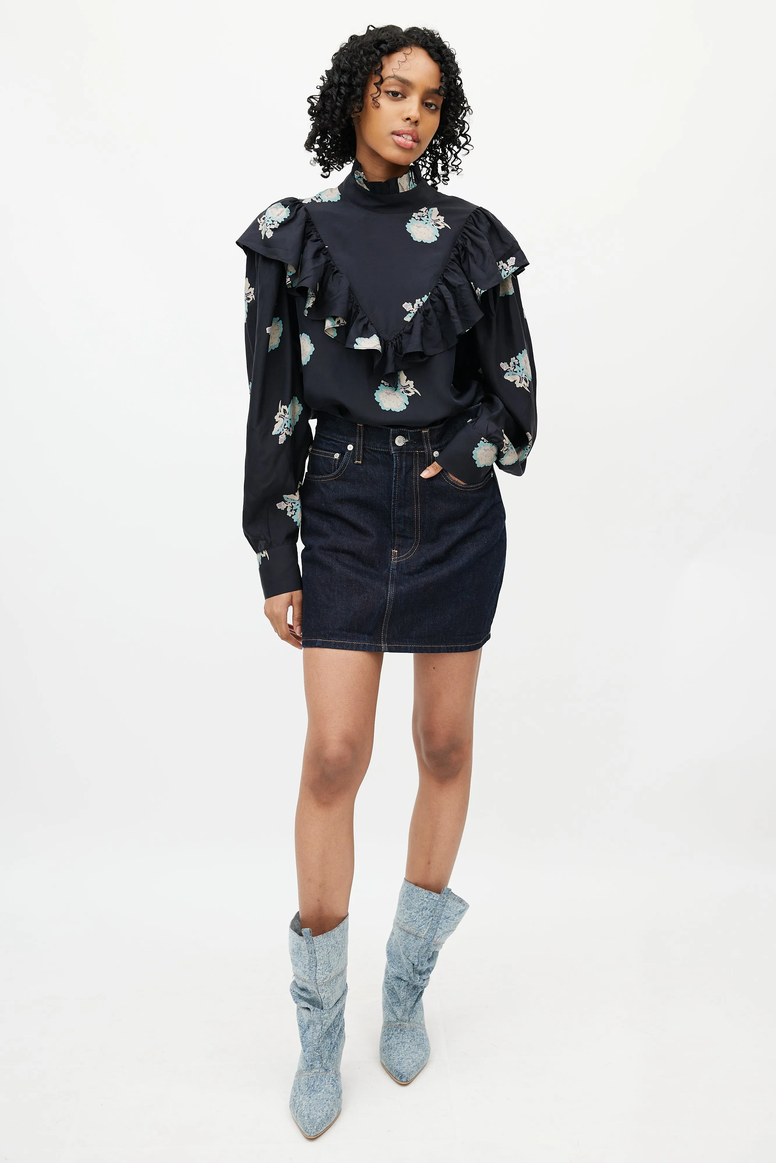 Black & Multicolour Floral Silk Top