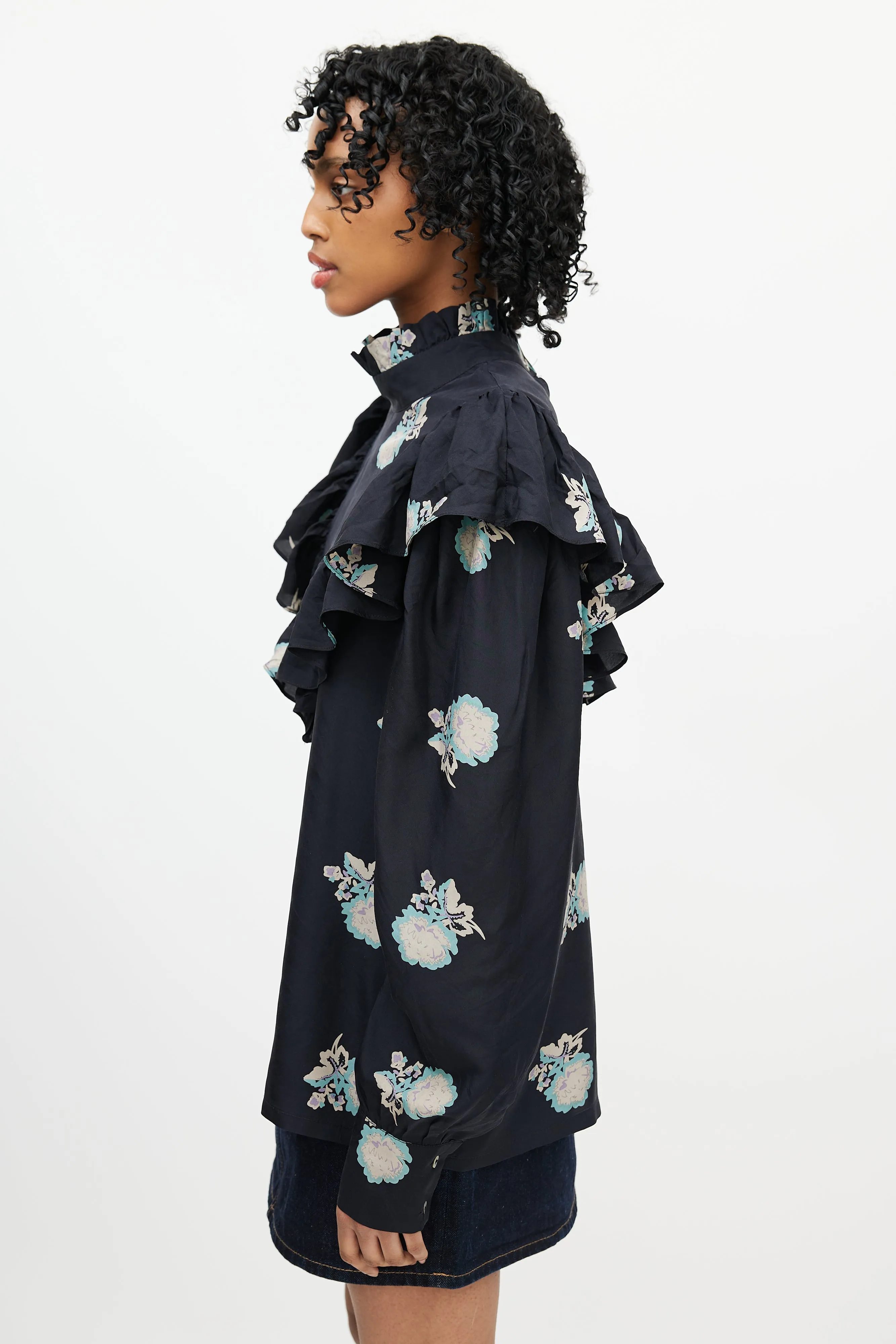 Black & Multicolour Floral Silk Top