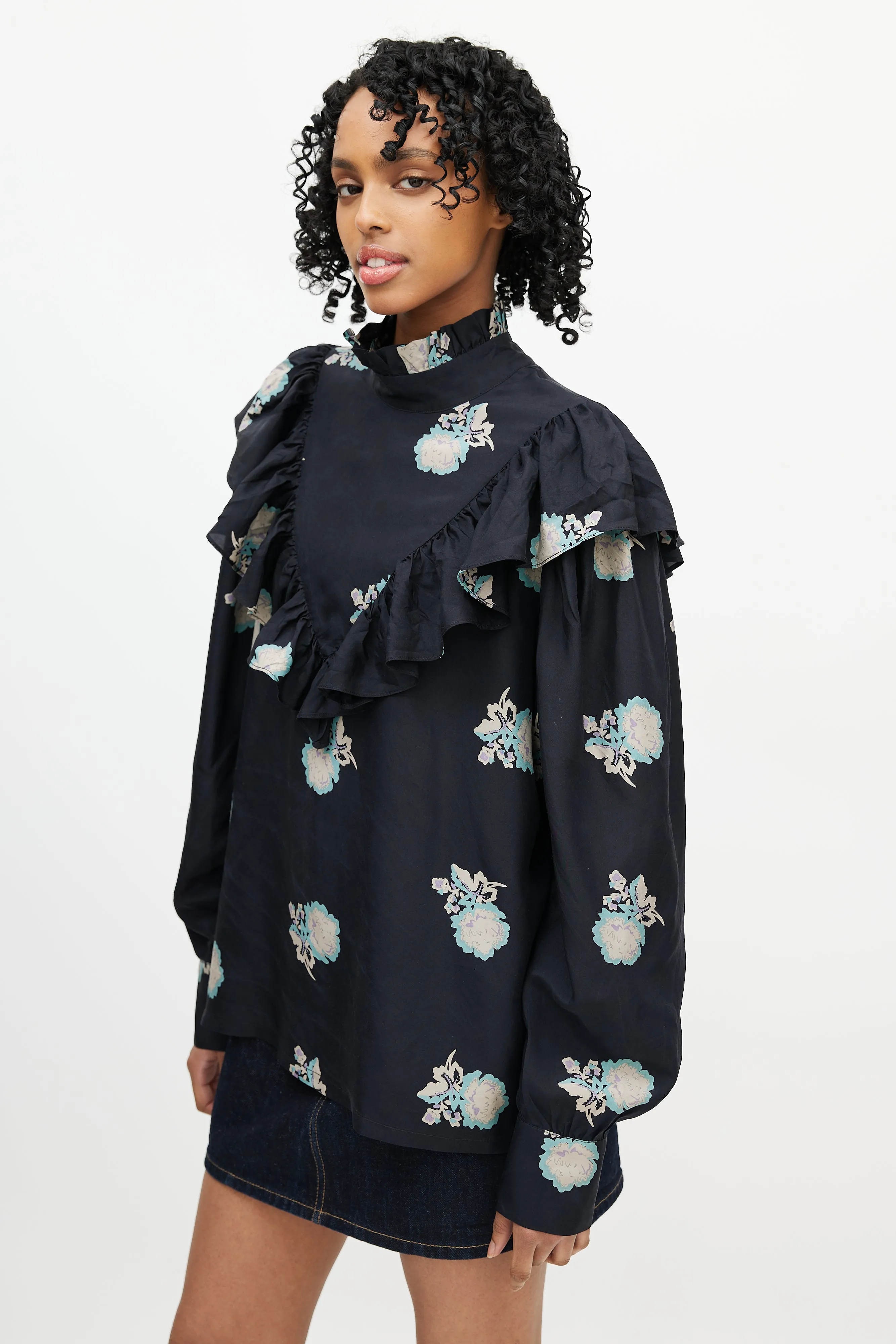 Black & Multicolour Floral Silk Top