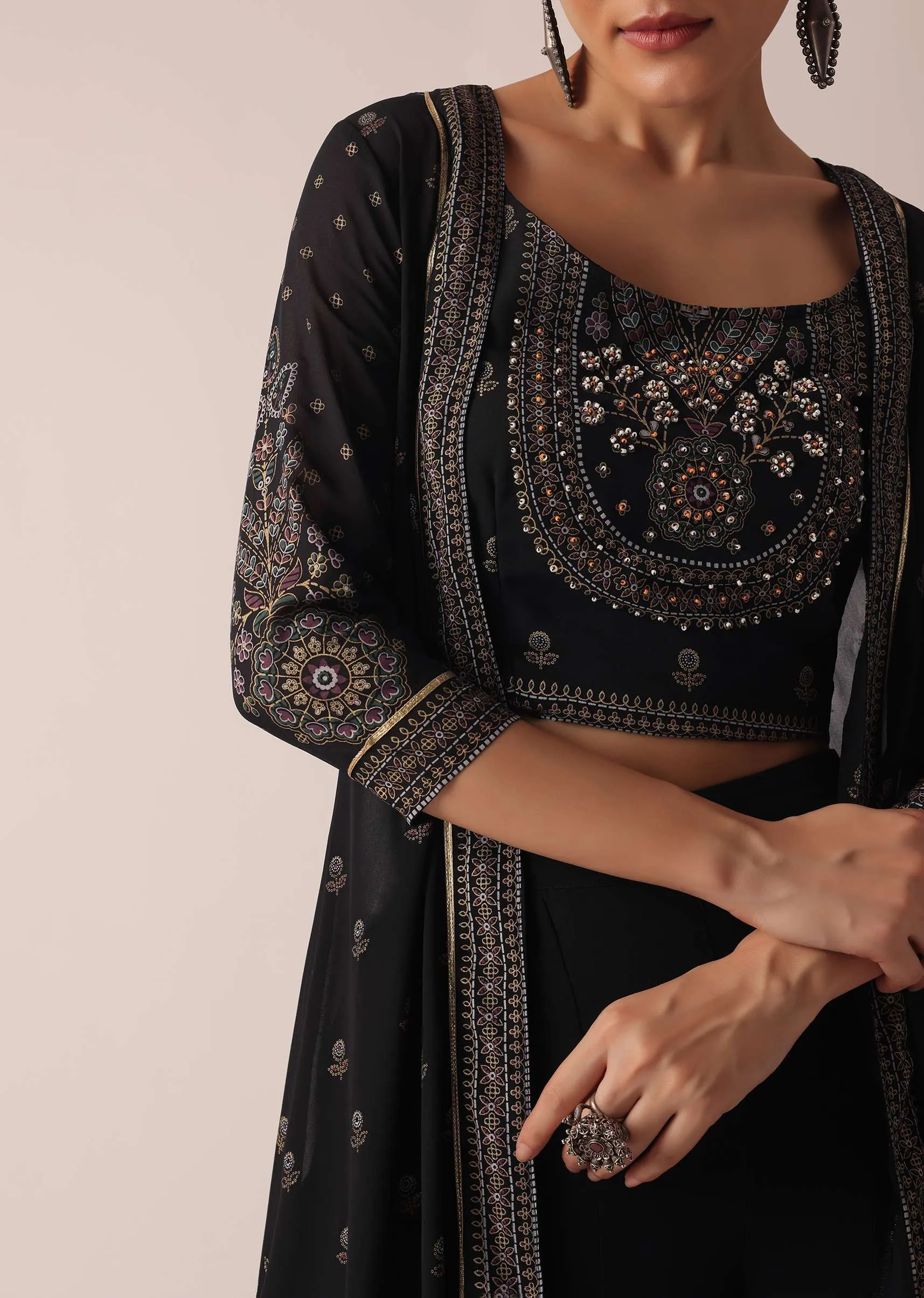 Black Floral Print Crop Top And Jacket Set