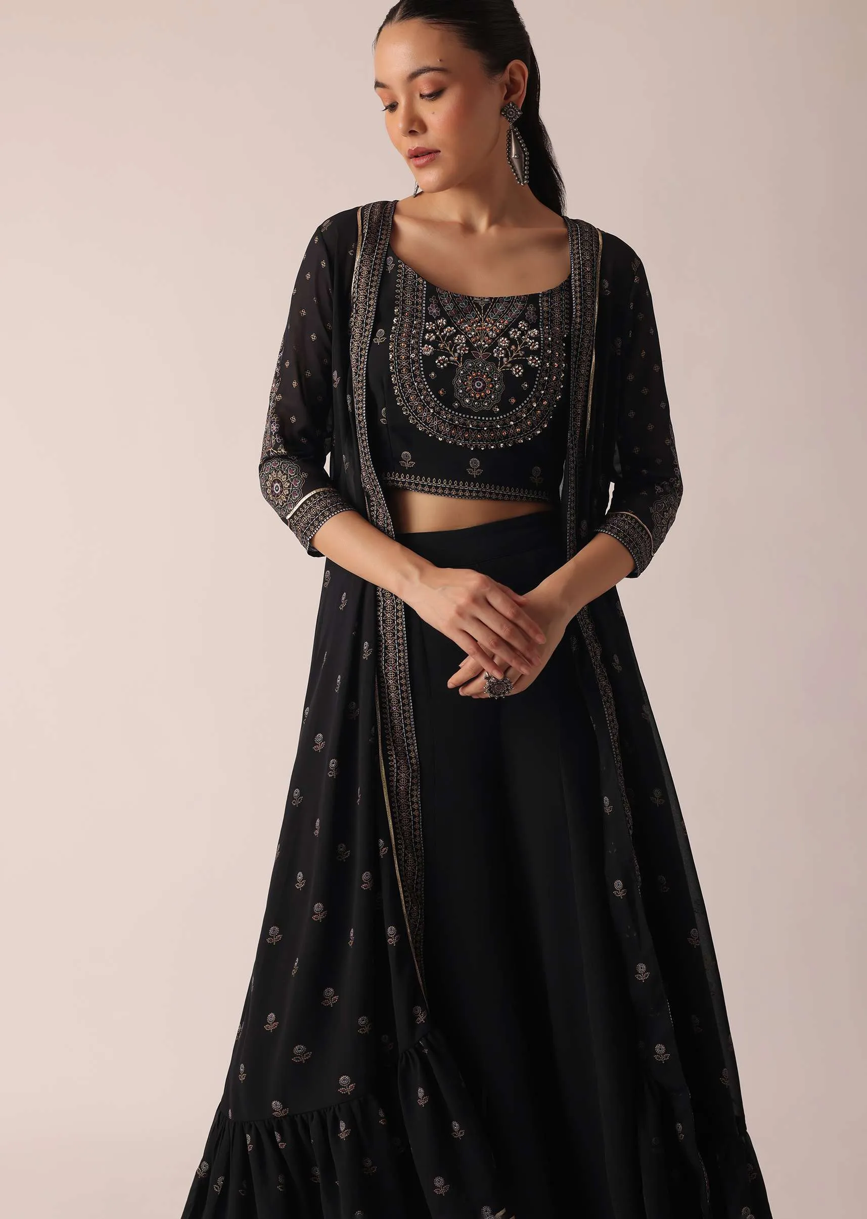 Black Floral Print Crop Top And Jacket Set