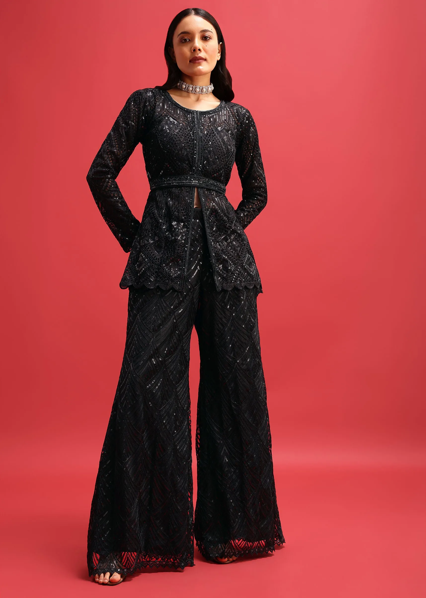 Black Net Kurta Palazzo Set In Sequin Work