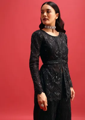 Black Net Kurta Palazzo Set In Sequin Work