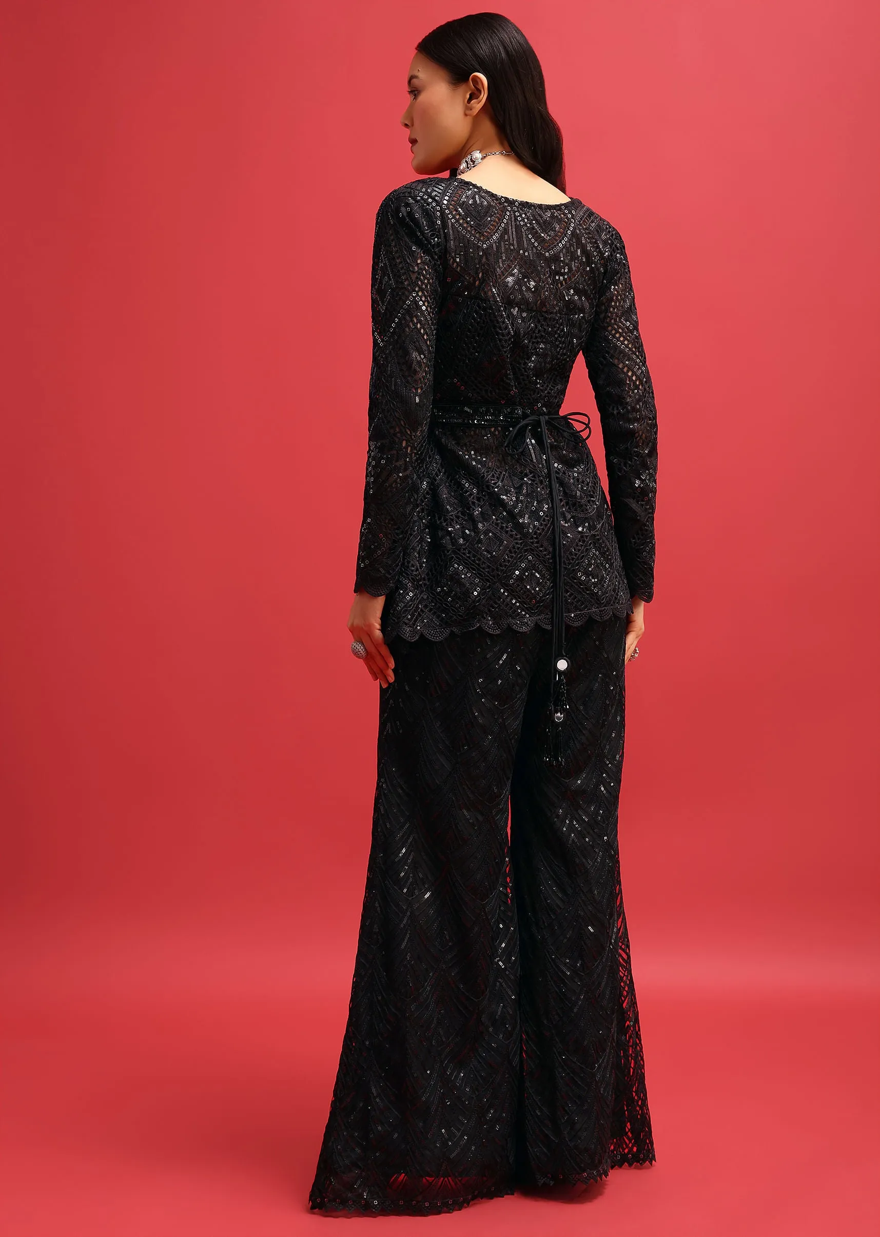 Black Net Kurta Palazzo Set In Sequin Work