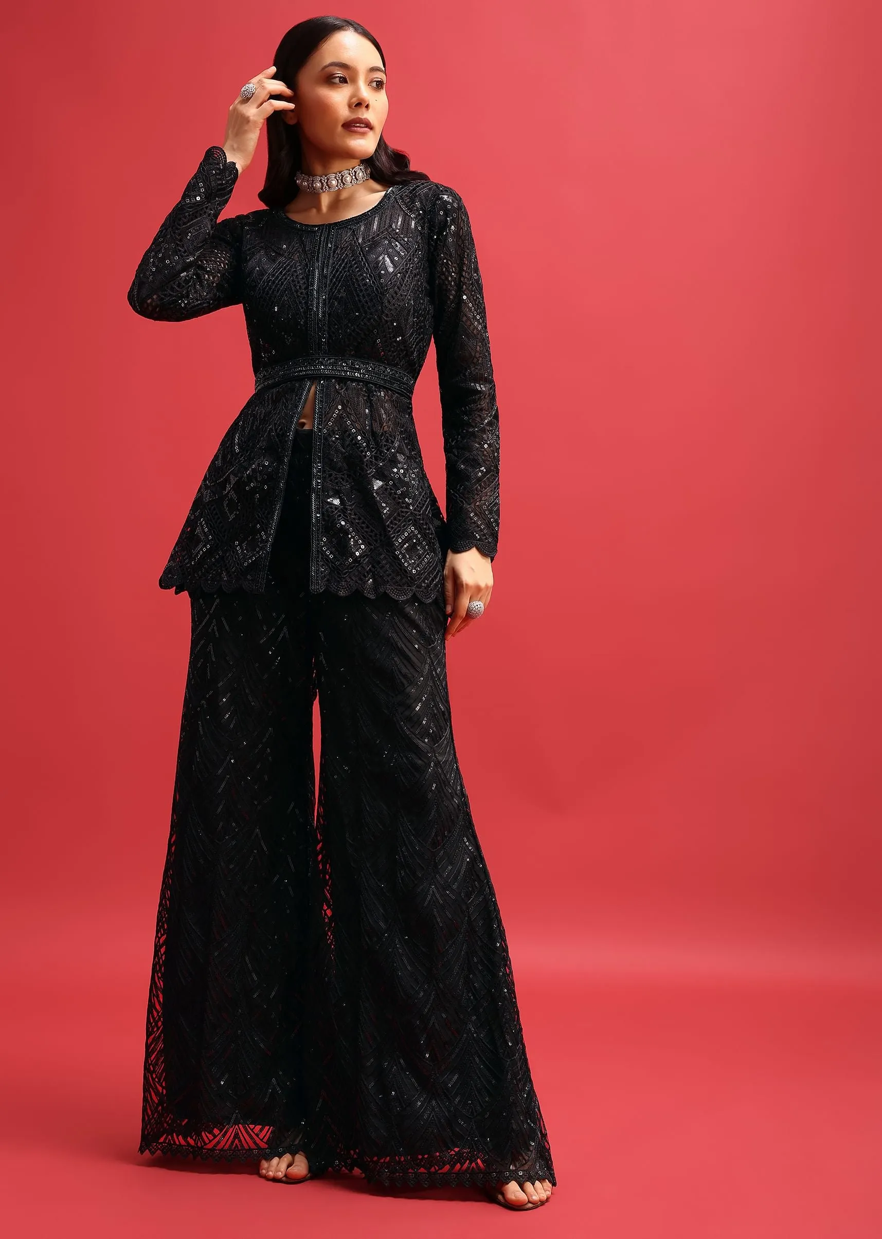 Black Net Kurta Palazzo Set In Sequin Work