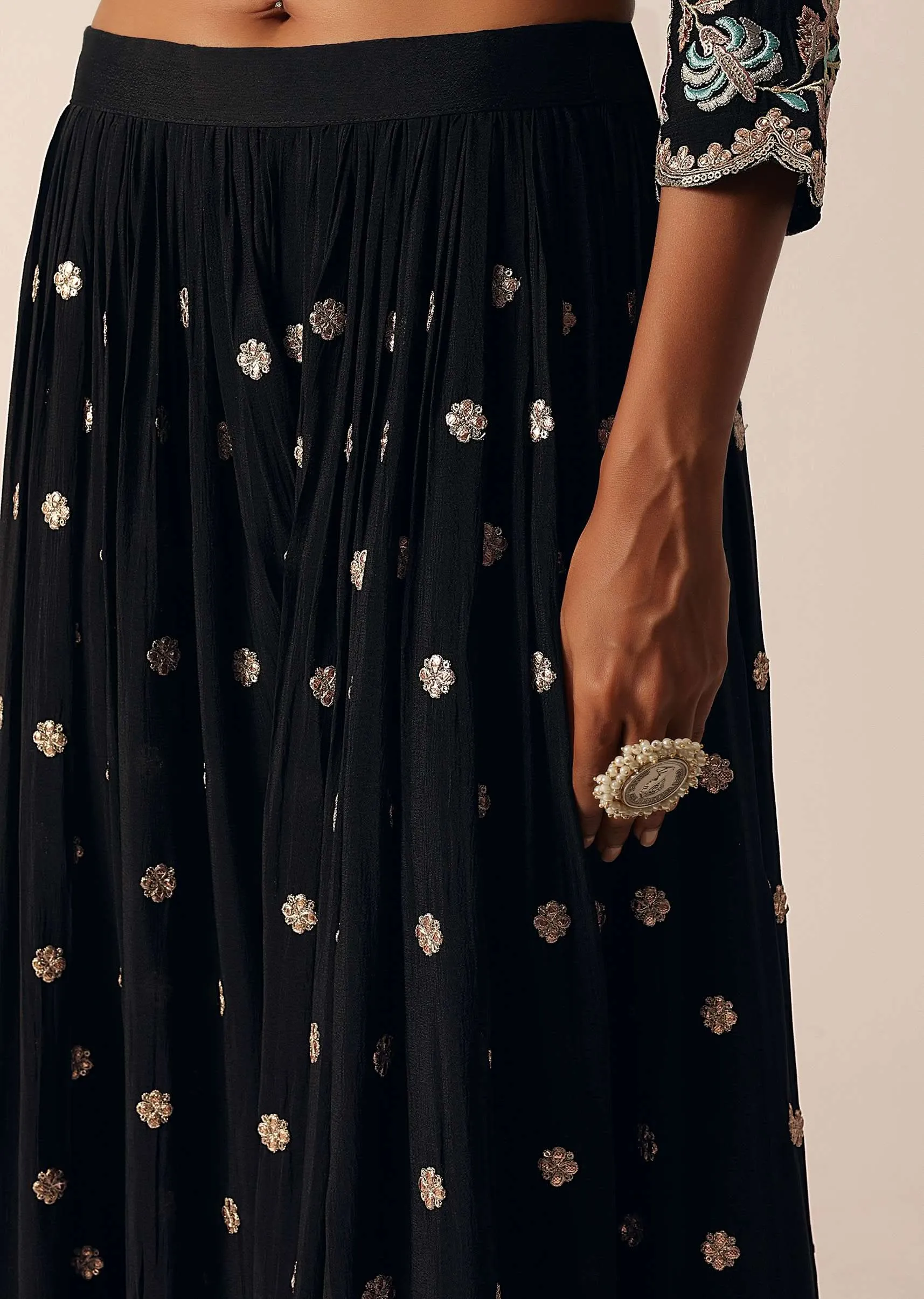 Black Palazzo Kurti Suit Set In Chinon With Zari And Resham Work