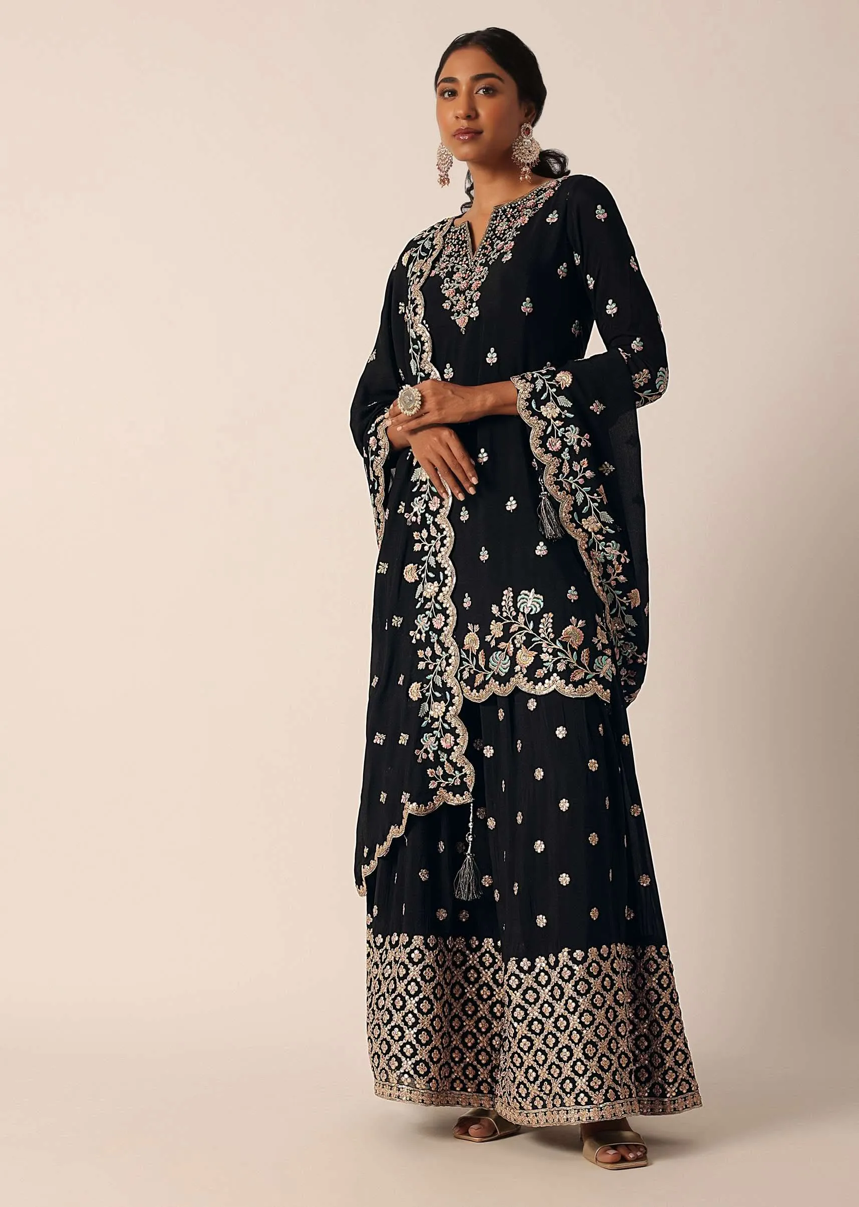 Black Palazzo Kurti Suit Set In Chinon With Zari And Resham Work