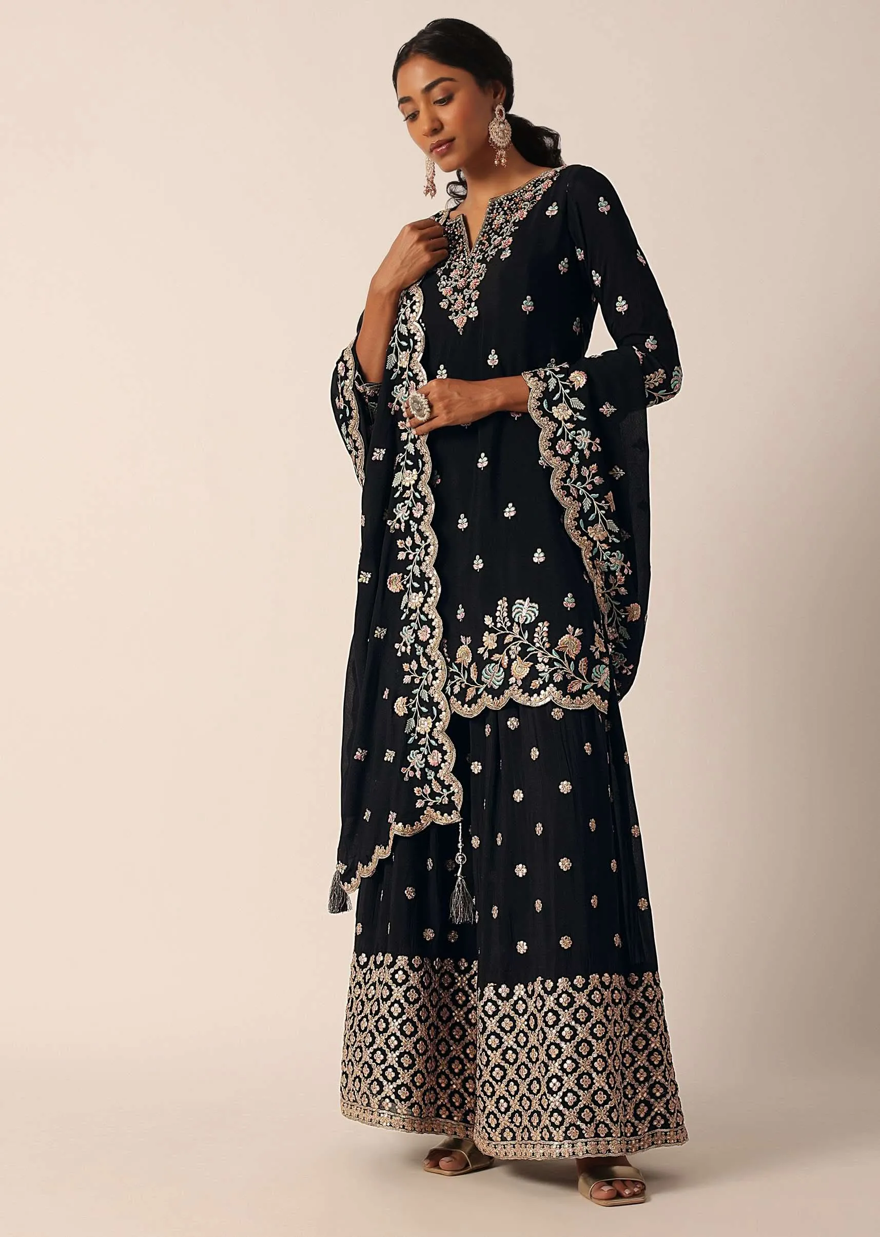 Black Palazzo Kurti Suit Set In Chinon With Zari And Resham Work