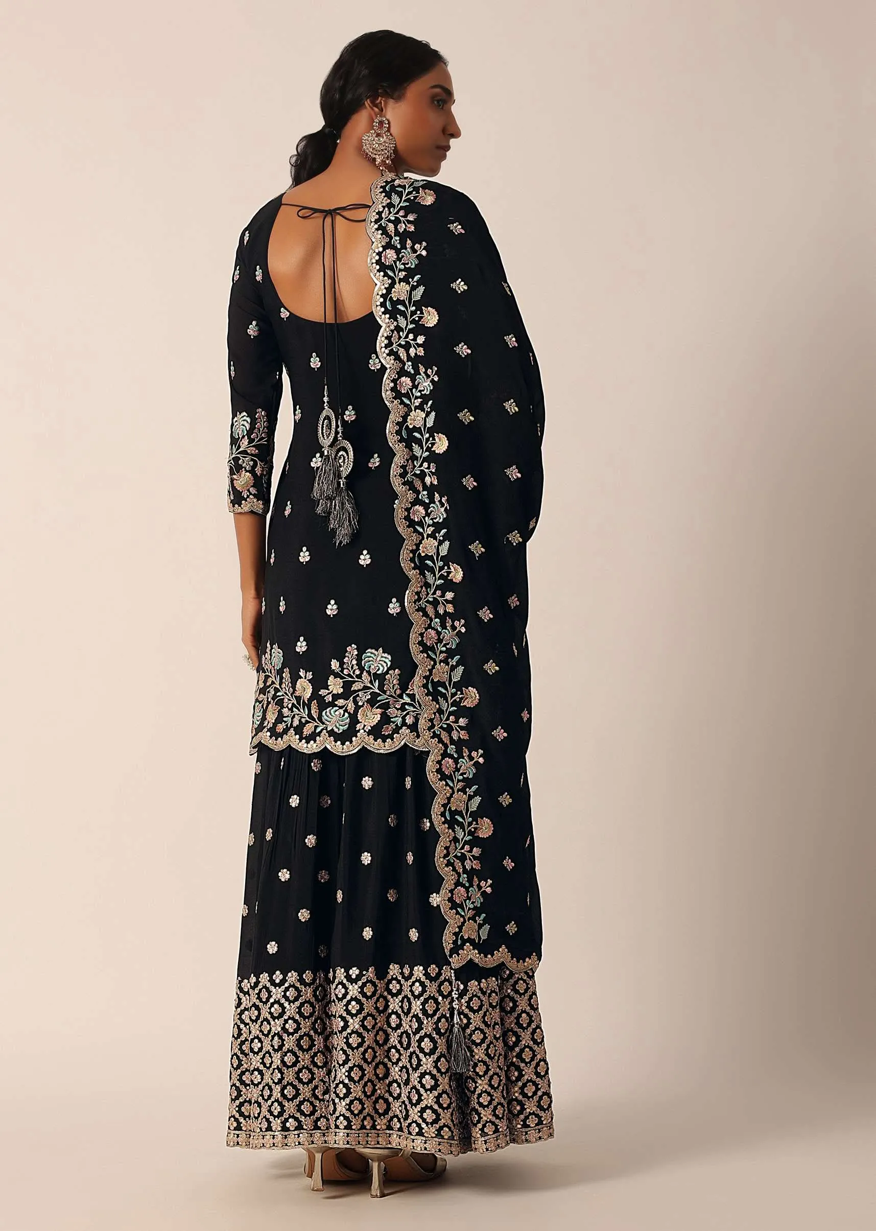 Black Palazzo Kurti Suit Set In Chinon With Zari And Resham Work