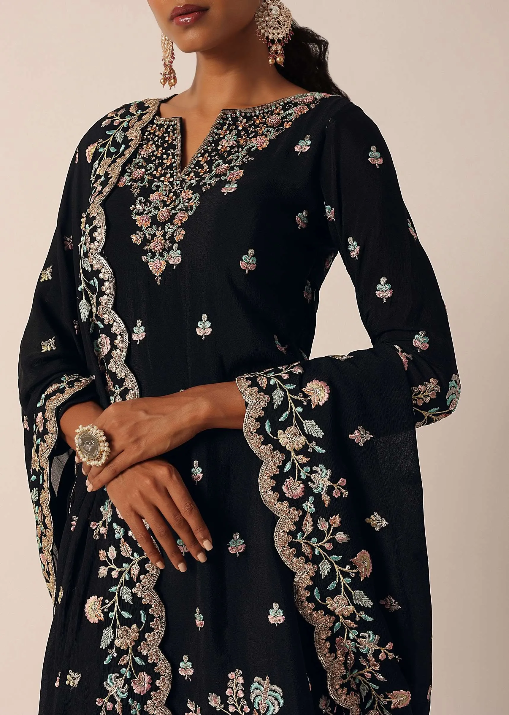 Black Palazzo Kurti Suit Set In Chinon With Zari And Resham Work