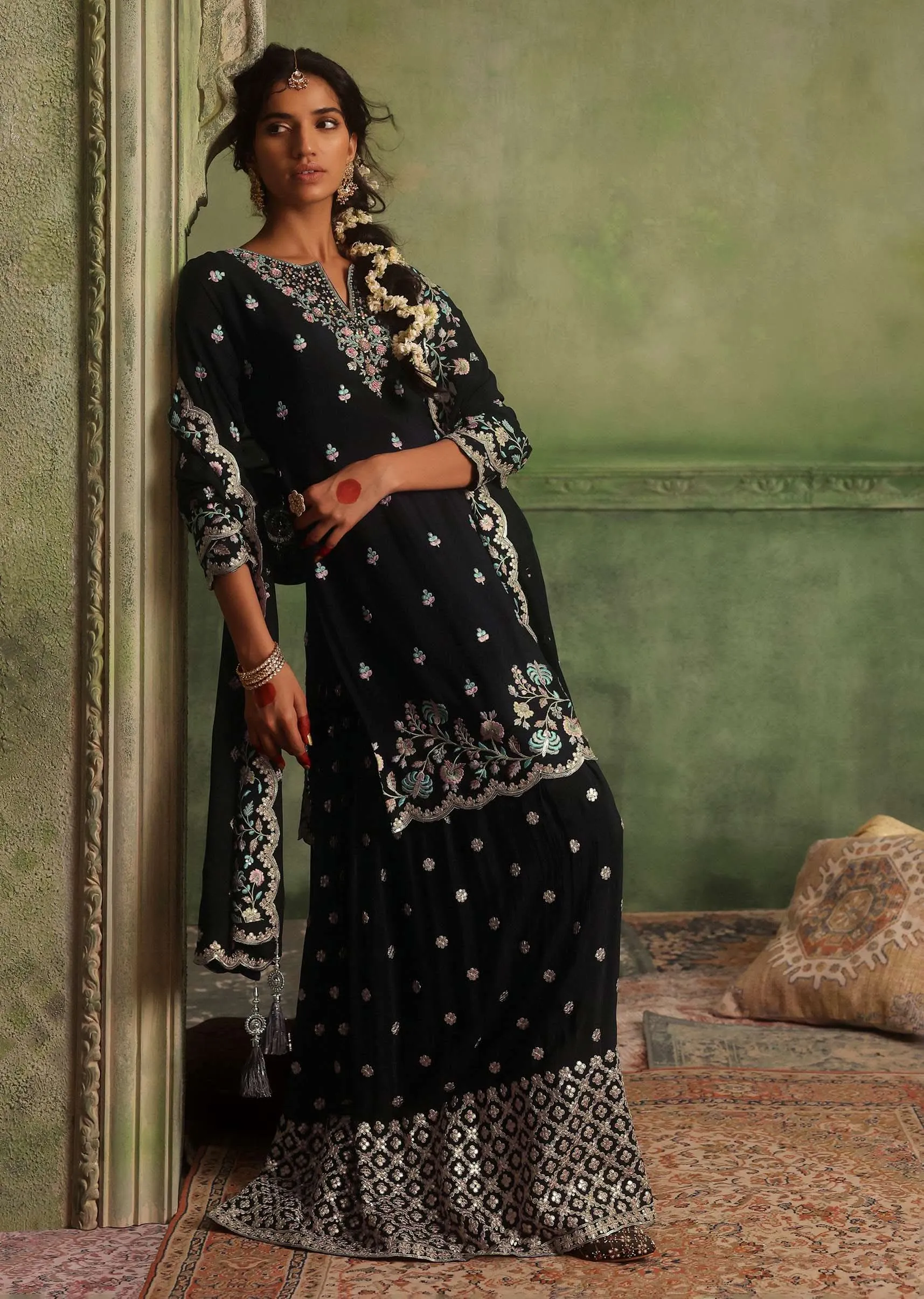 Black Palazzo Kurti Suit Set In Chinon With Zari And Resham Work