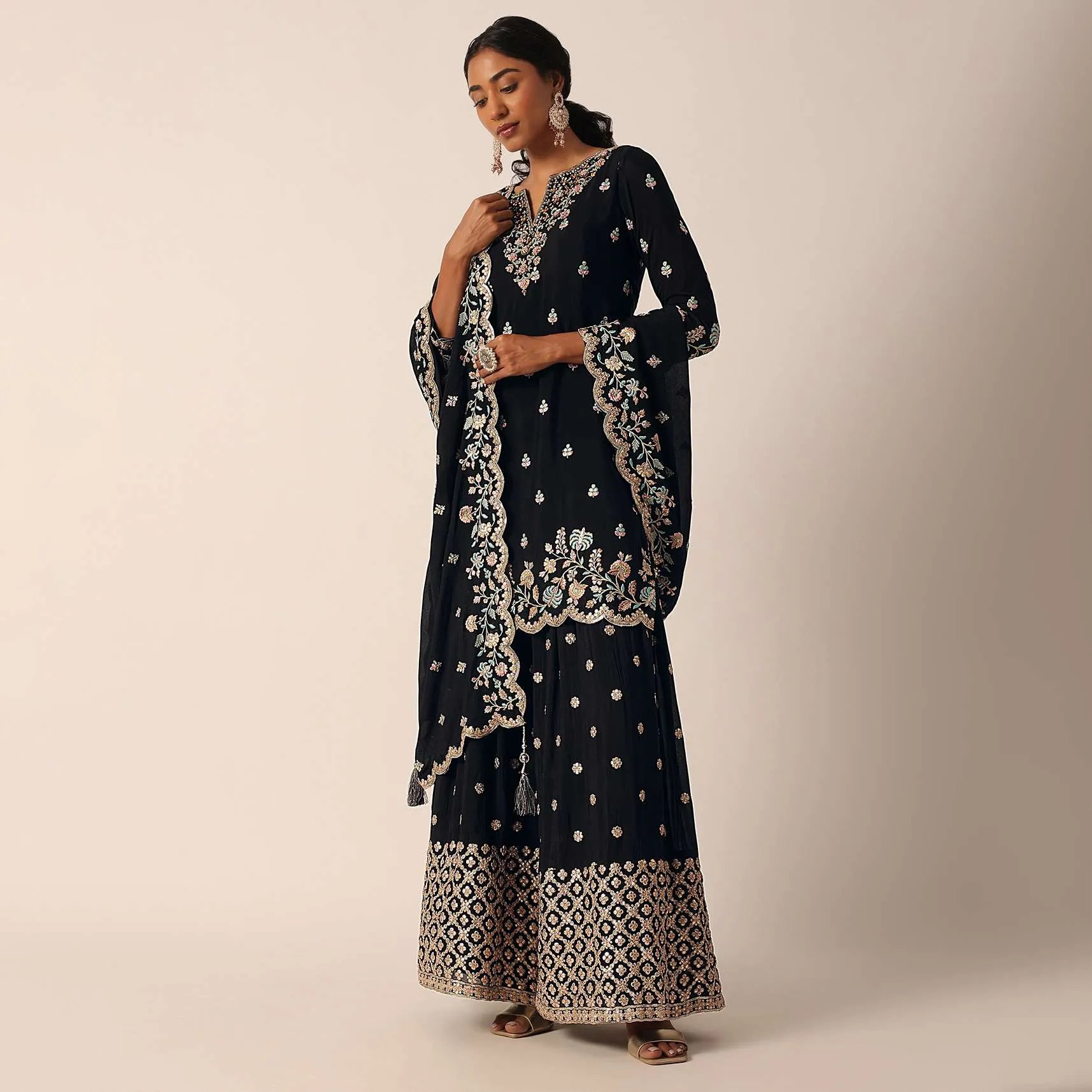 Black Palazzo Kurti Suit Set In Chinon With Zari And Resham Work