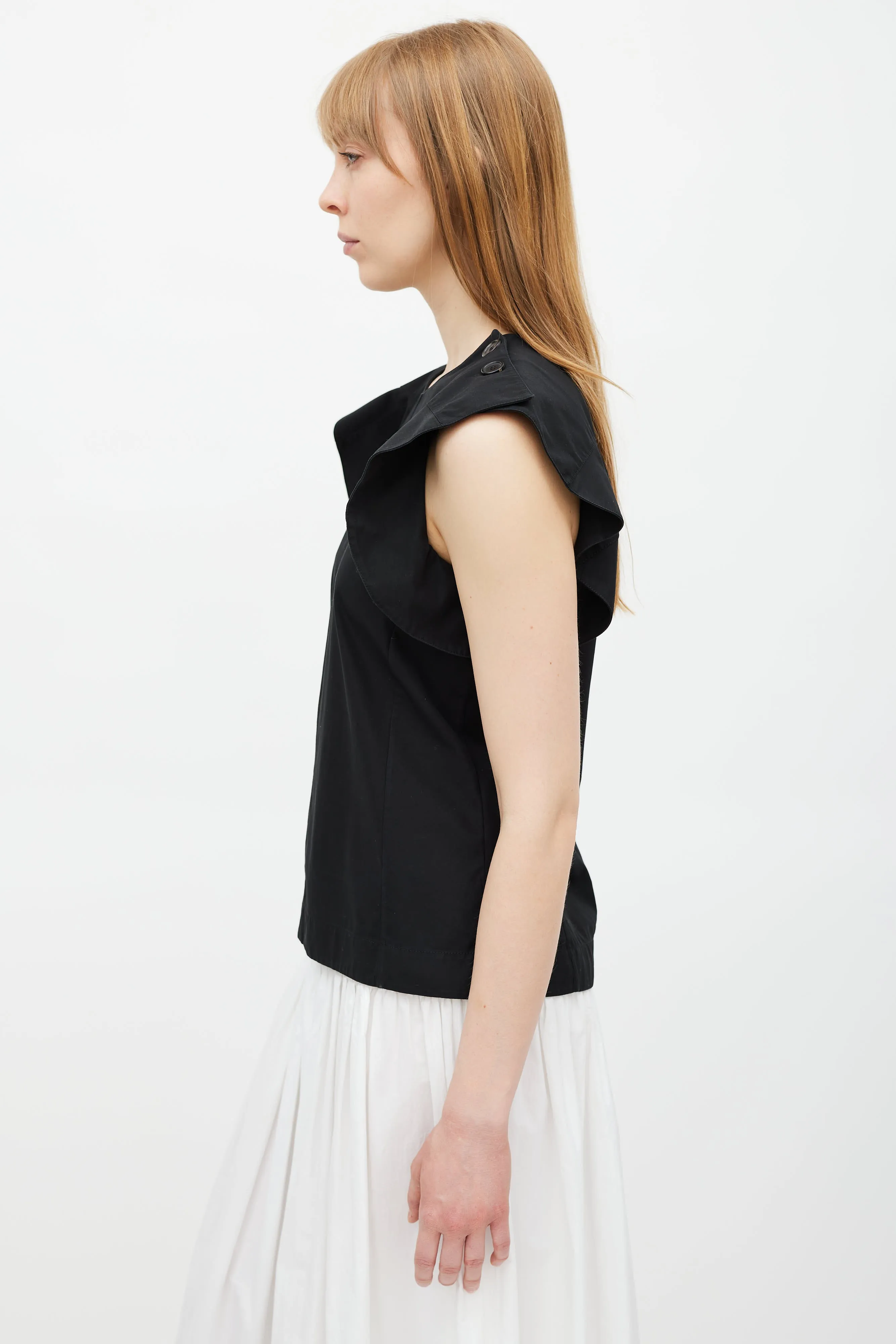 Black Ruffled Button Top