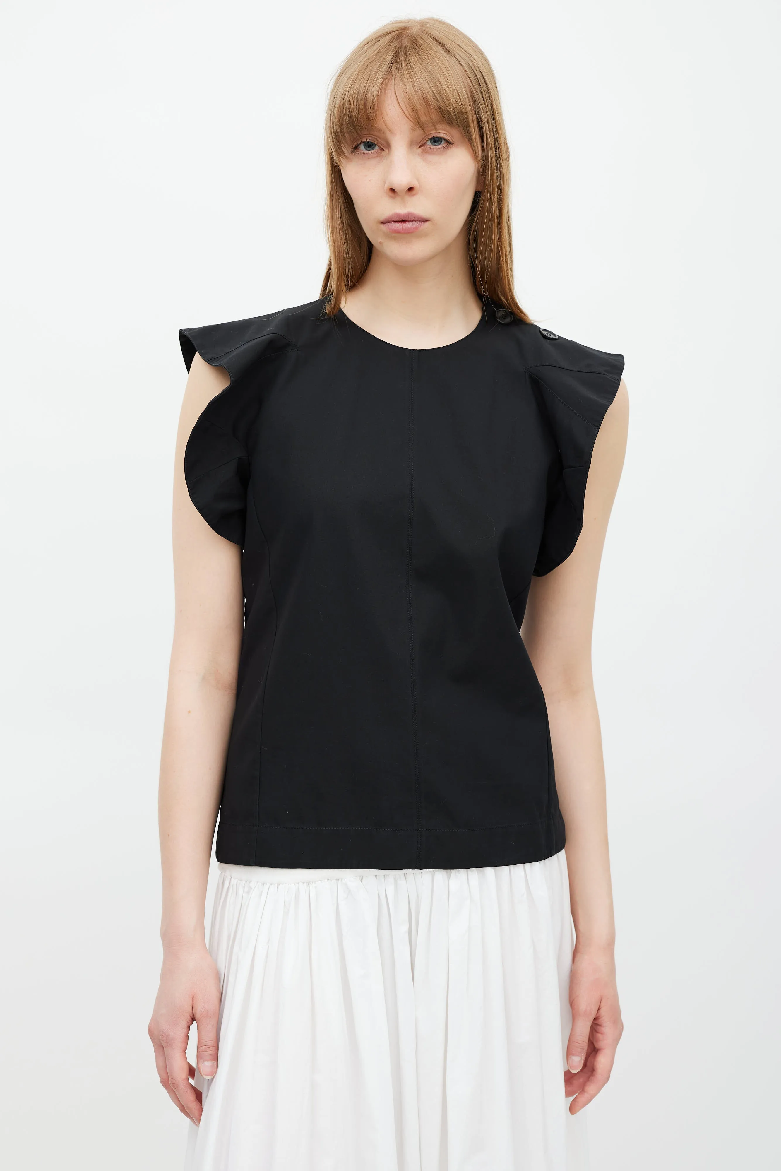 Black Ruffled Button Top