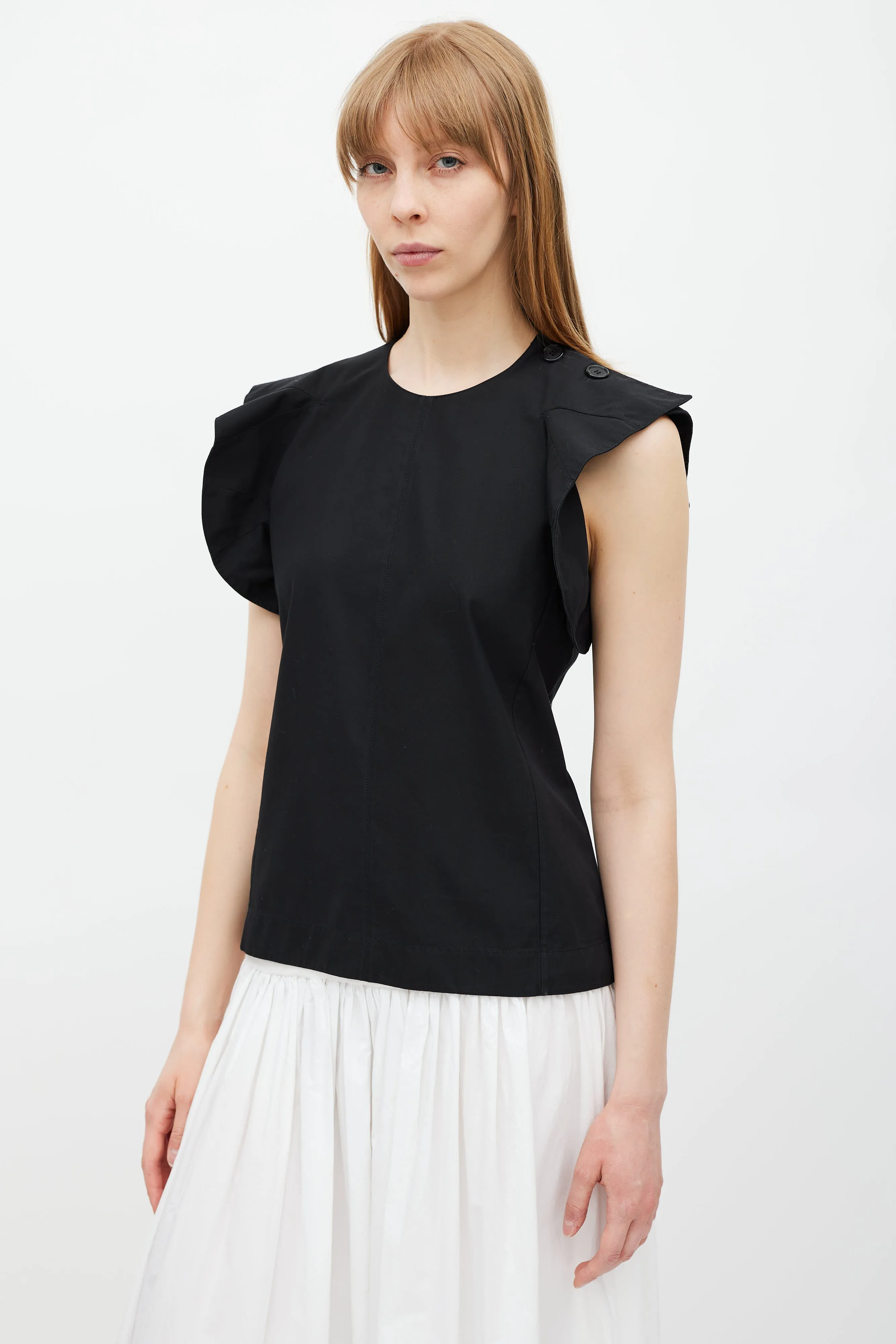 Black Ruffled Button Top