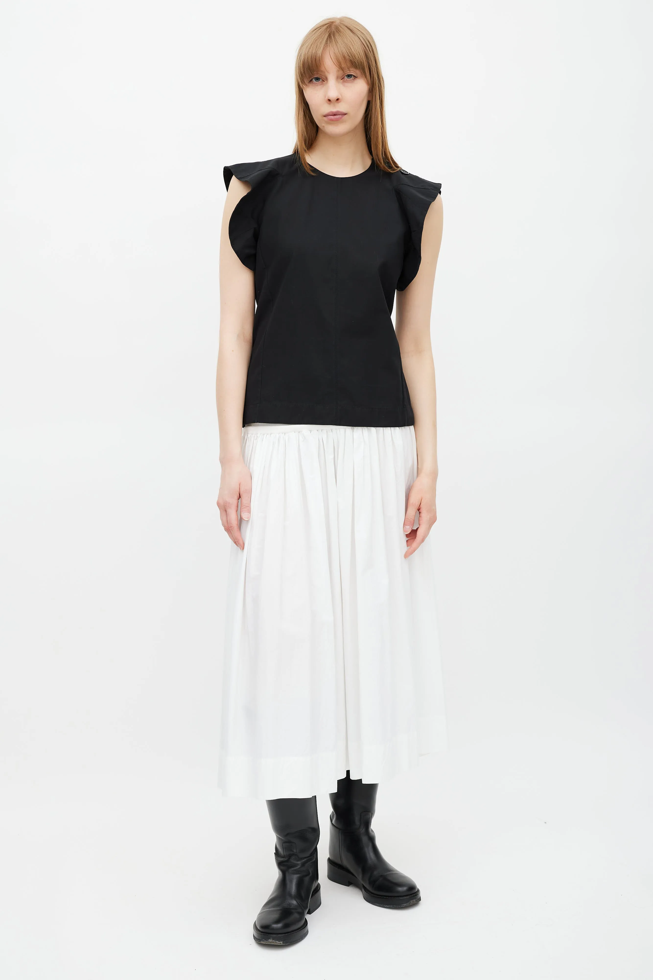 Black Ruffled Button Top