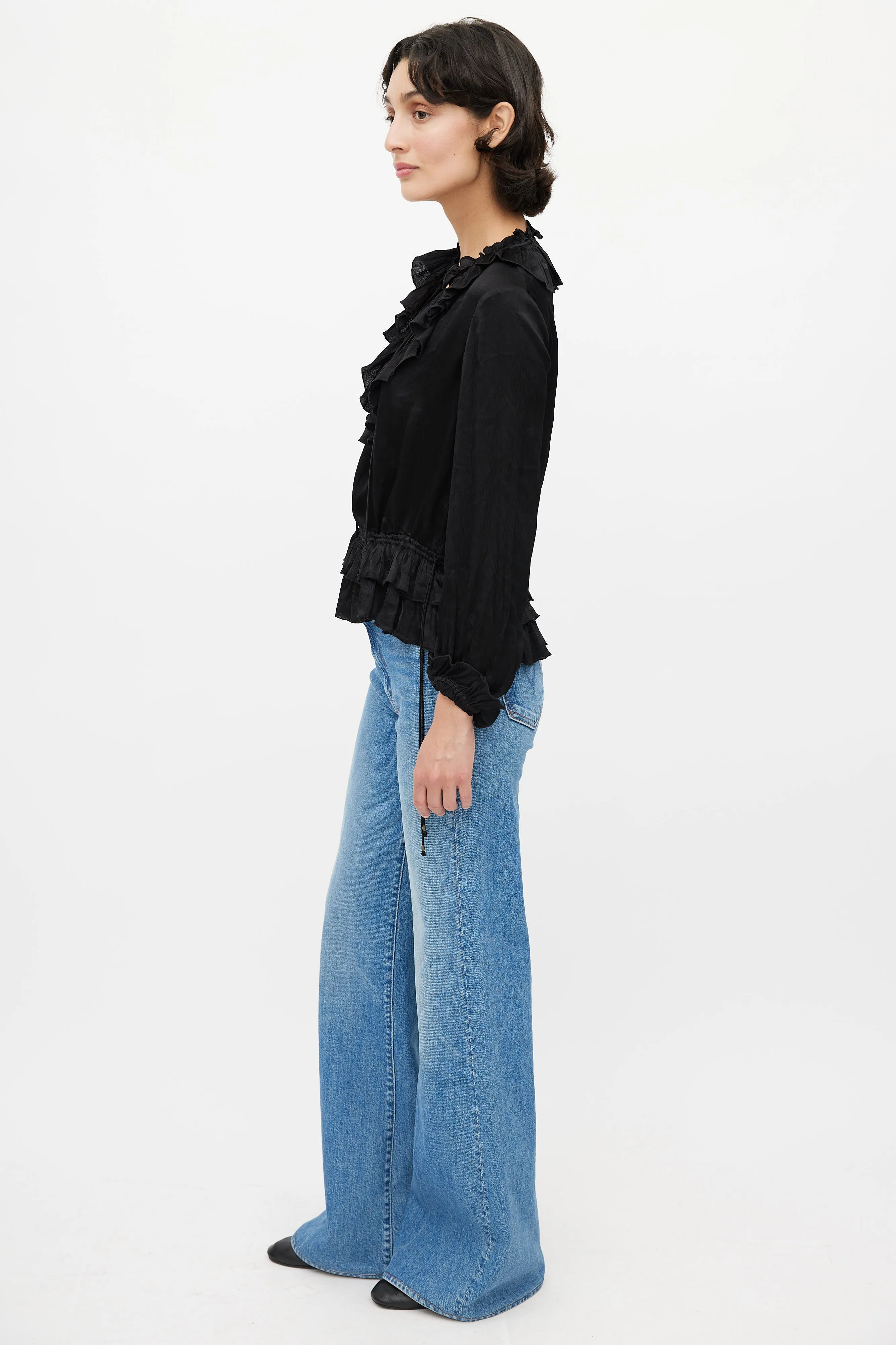 Black Ruffled Silk Top