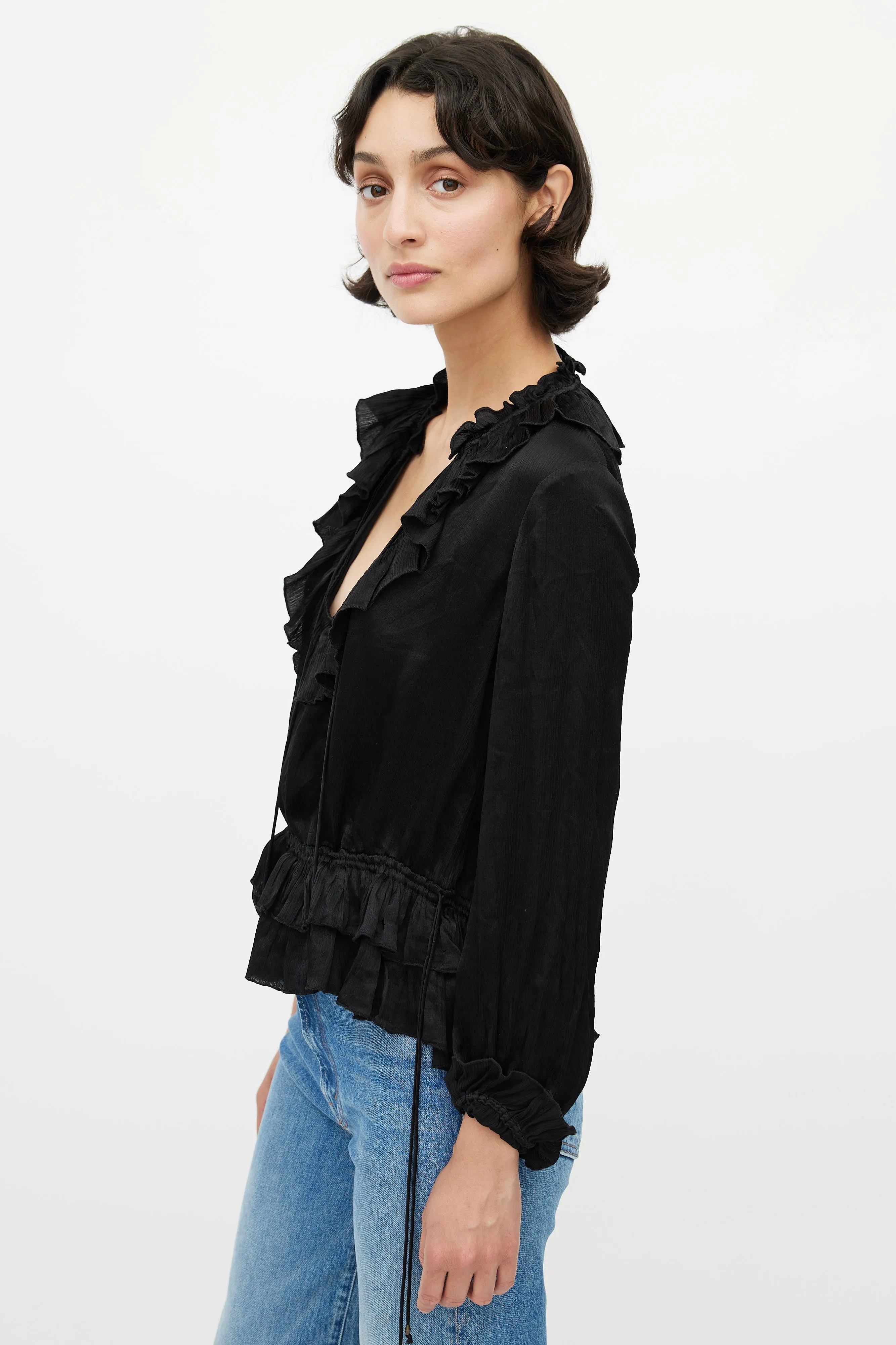 Black Ruffled Silk Top
