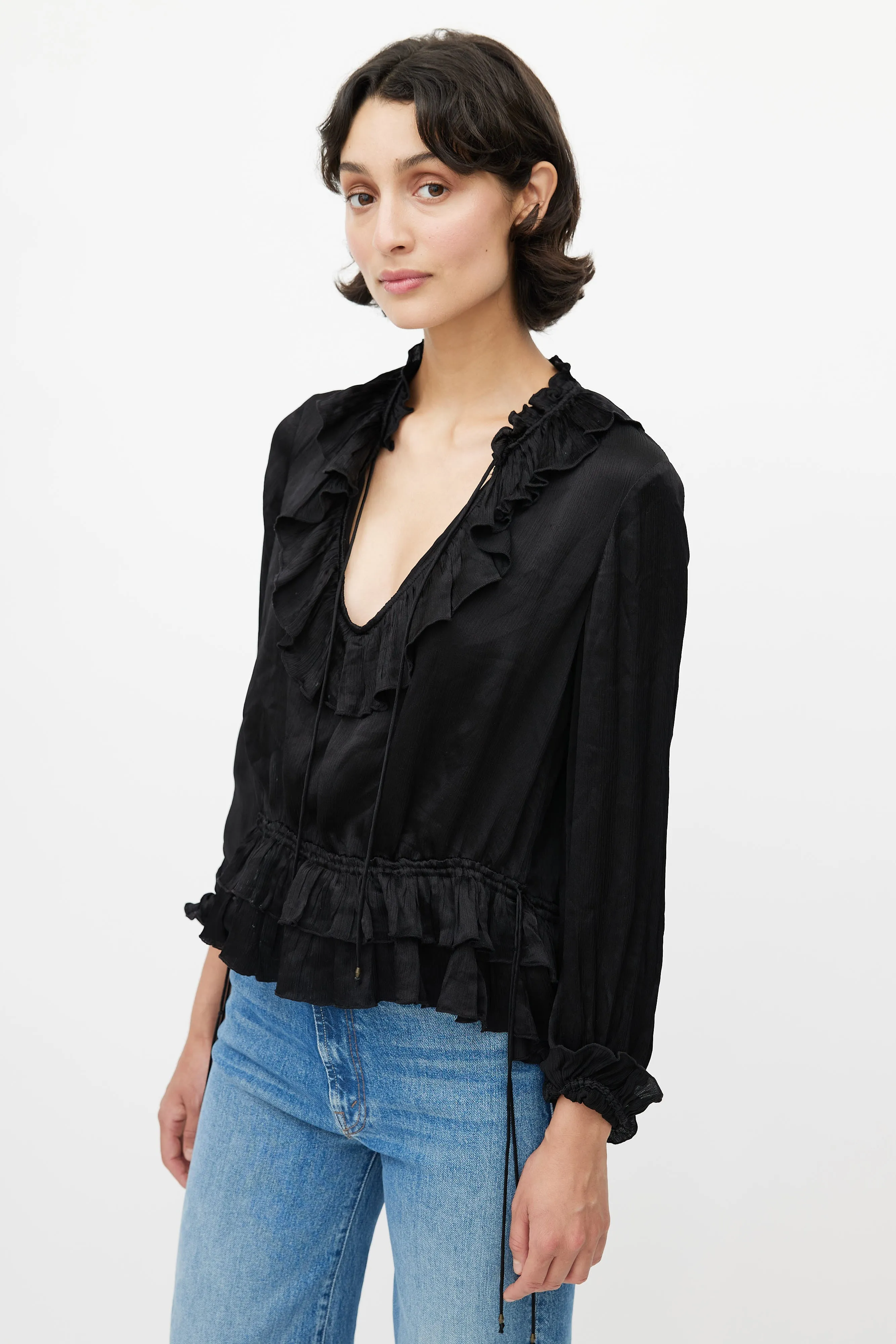 Black Ruffled Silk Top